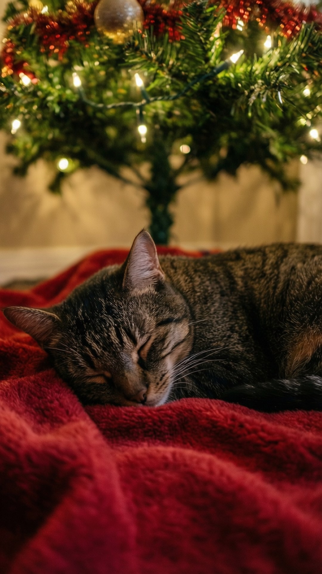 Cat Nap Under Tree 壁紙 — 一隻虎斑貓在裝飾著閃爍燈光的聖誕樹下，舒適地睡在柔軟的紅色毯子上。