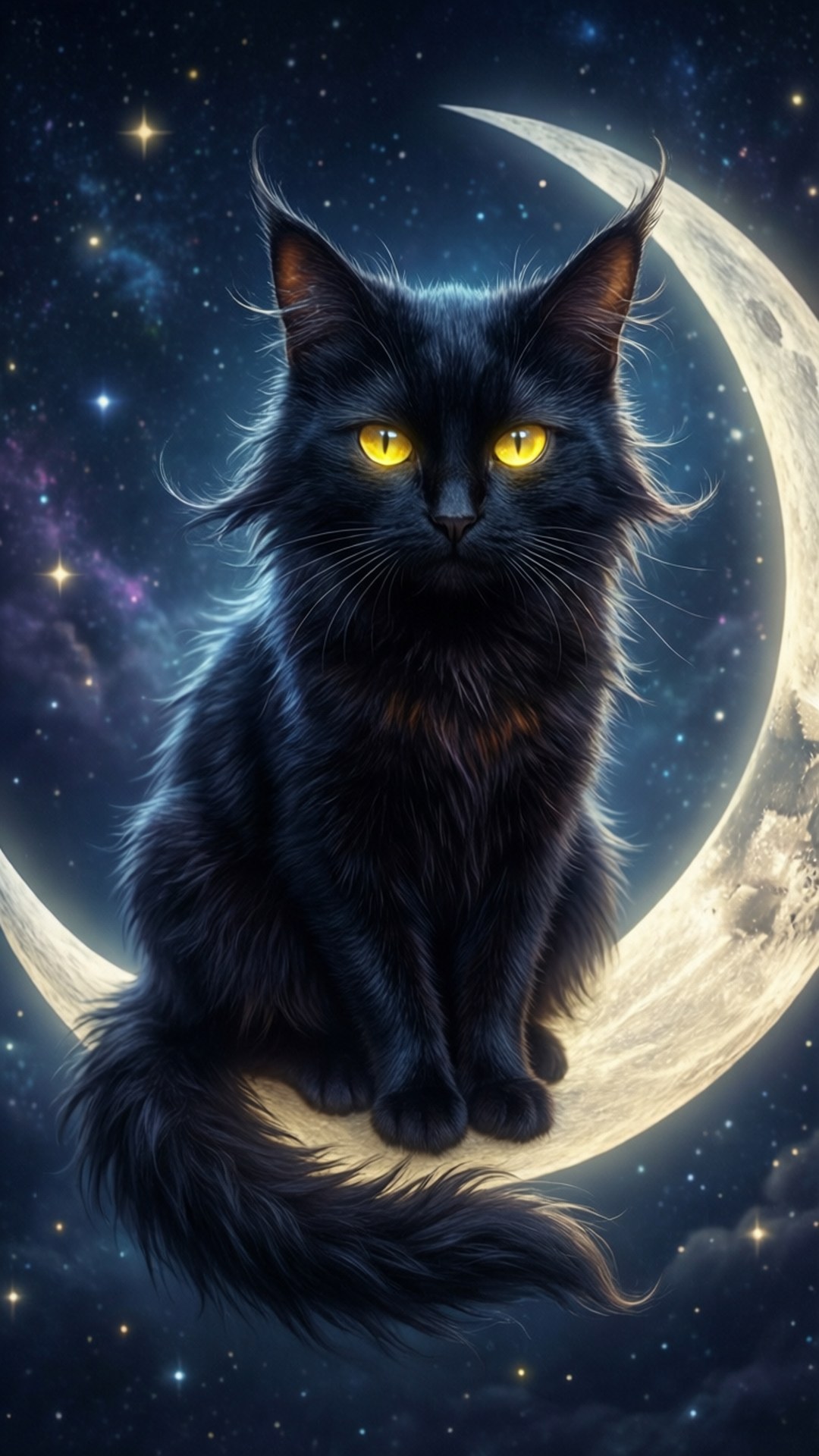 發光眼睛的黑貓棲息在星空夜空中的新月上