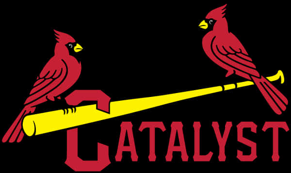 聖路易紅雀隊 Catalyst 標誌 壁紙 — 兩隻紅色主教鳥棲息在黃色棒球棒上，上方有粗體紅色字母catalyst，背景為黑色。