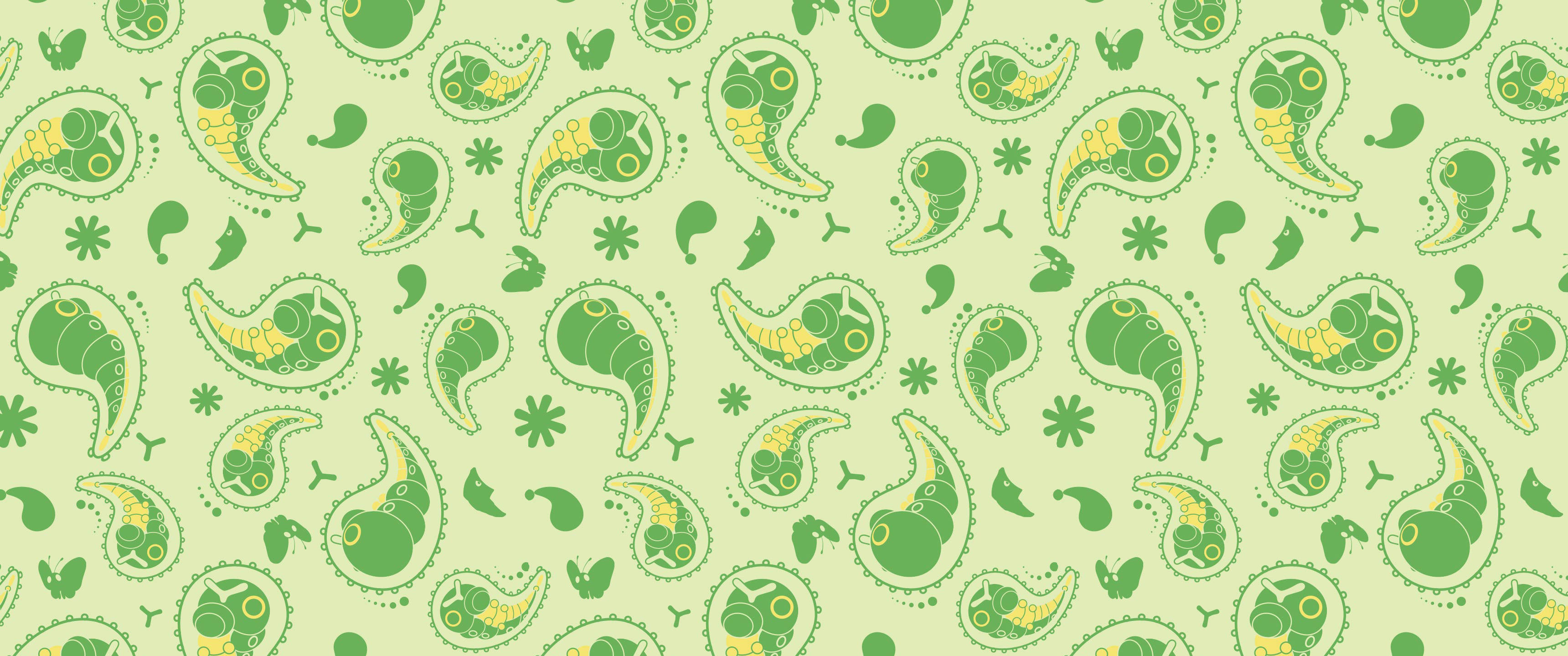 可愛寶可夢 Caterpie 圖案 壁紙 — 重複的圖案，由風格化的綠色佩斯利形狀組成，帶有黃色點綴，背景為淡綠色。