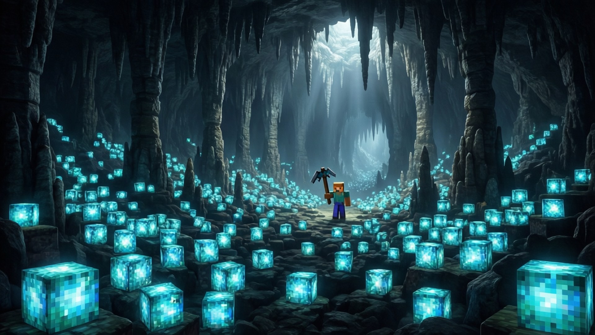 一個Minecraft玩家在充滿發光藍色方塊的洞穴中拿著鎬。