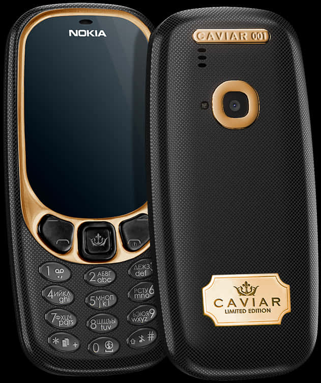 奢華諾基亞Caviar手機 壁紙 — 一部黑色和金色的 Nokia 手機，帶有 Caviar Limited Edition 品牌標誌，在深色背景上打開顯示。