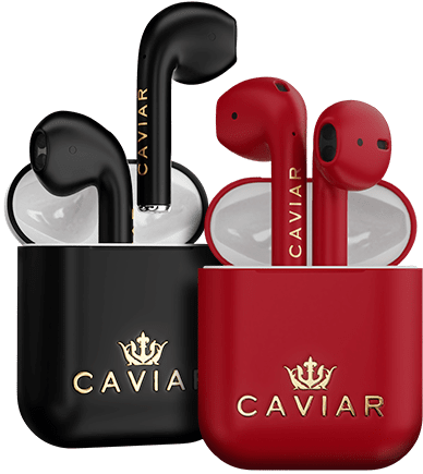 Caviar品牌黑紅配色AirPods 壁紙 — 黑色和紅色Caviar品牌無線耳機展示在帶有金色標誌的配套充電盒中。