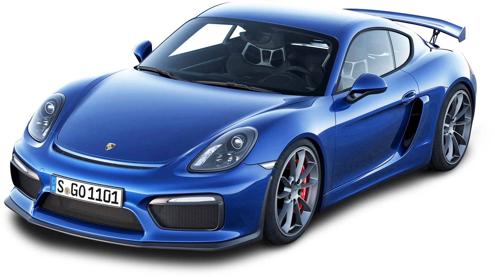 藍色保時捷Cayman GT4側面視圖 壁紙 — 一輛流線型的藍色保時捷 Cayman GT4 跑車，配備紅色制動卡鉗和後擾流板，在黑色背景上孤立展示。