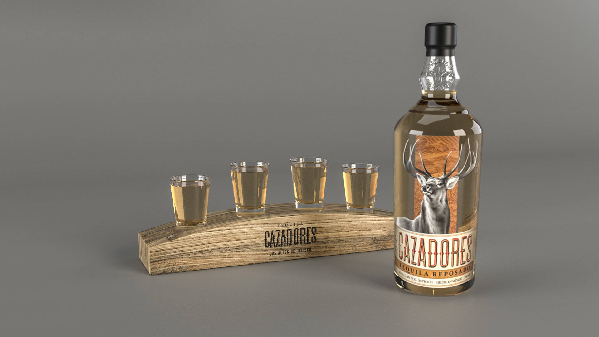 Cazadores龍舌蘭酒配四杯烈酒 壁紙 — 一瓶Cazadores reposado龍舌蘭酒和四個裝滿的烈酒杯放在木製支架上，背景為中性灰色。