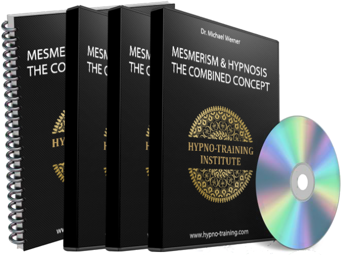催眠與催眠合輯書籍與CD 壁紙 — 四本黑色螺旋裝訂的書，名為《Mesmerism & Hypnosis》，旁邊放著一張反射彩虹色調的CD。