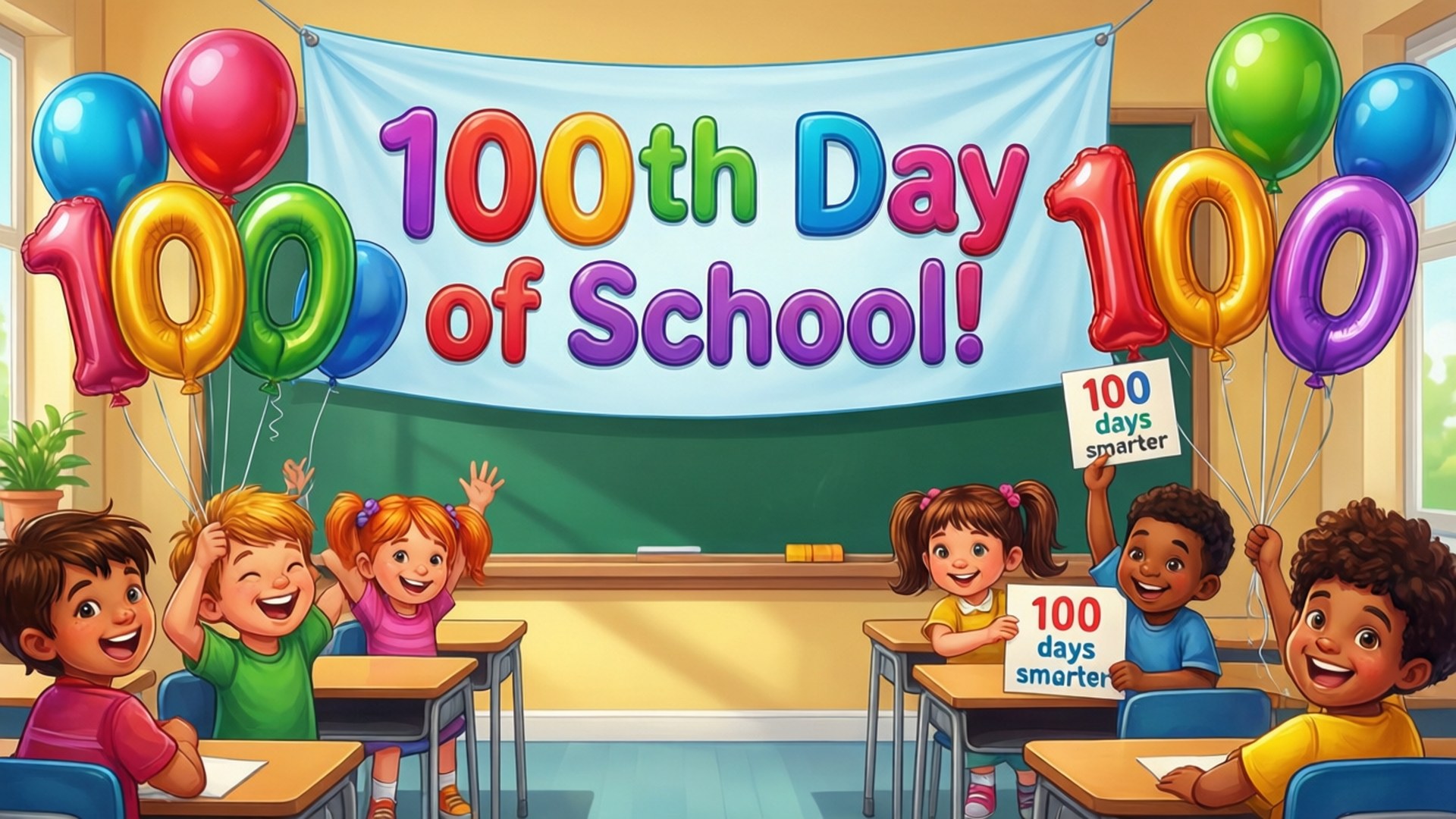 孩子們在教室裡用氣球和標語慶祝上學第100天。
