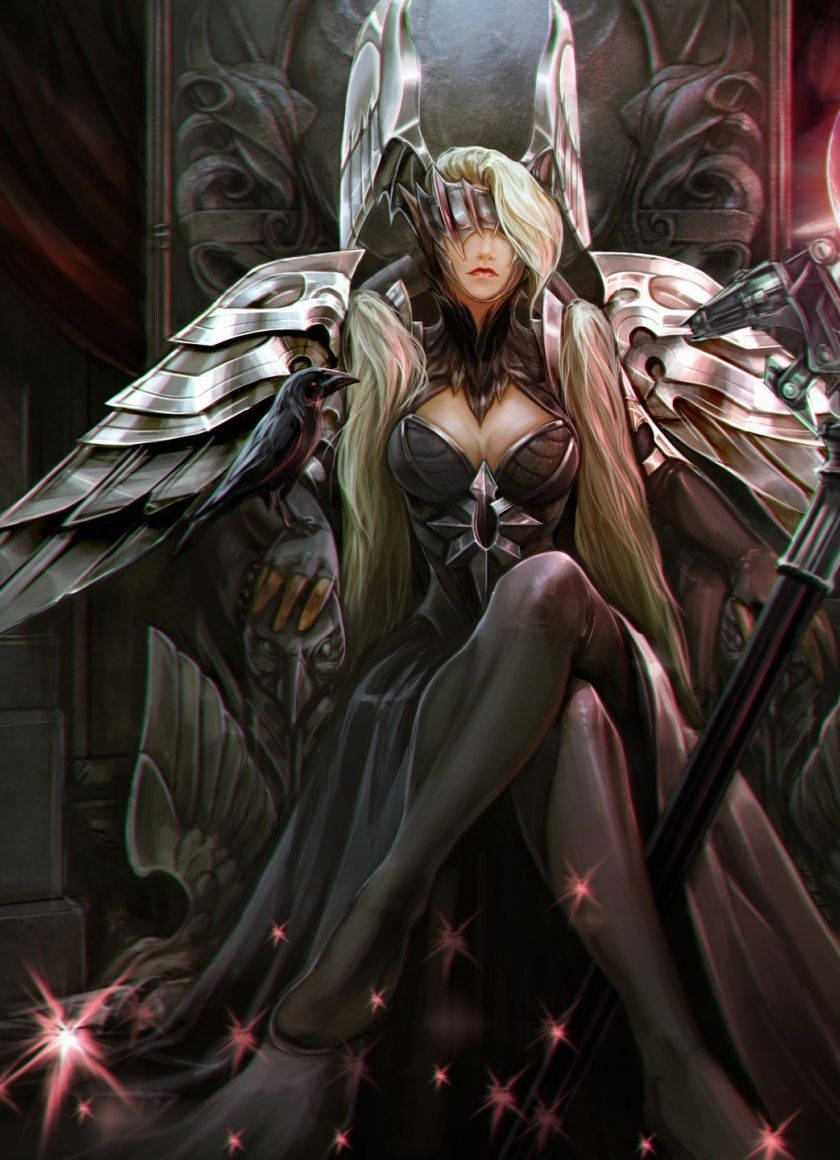 Celeste Vainglory 星之女王裝甲 壁紙 — 一位擁有金屬翅膀和烏鴉棲息在手臂上的黑暗天使般的女性，在發光的紅色火花中威嚴地坐著。