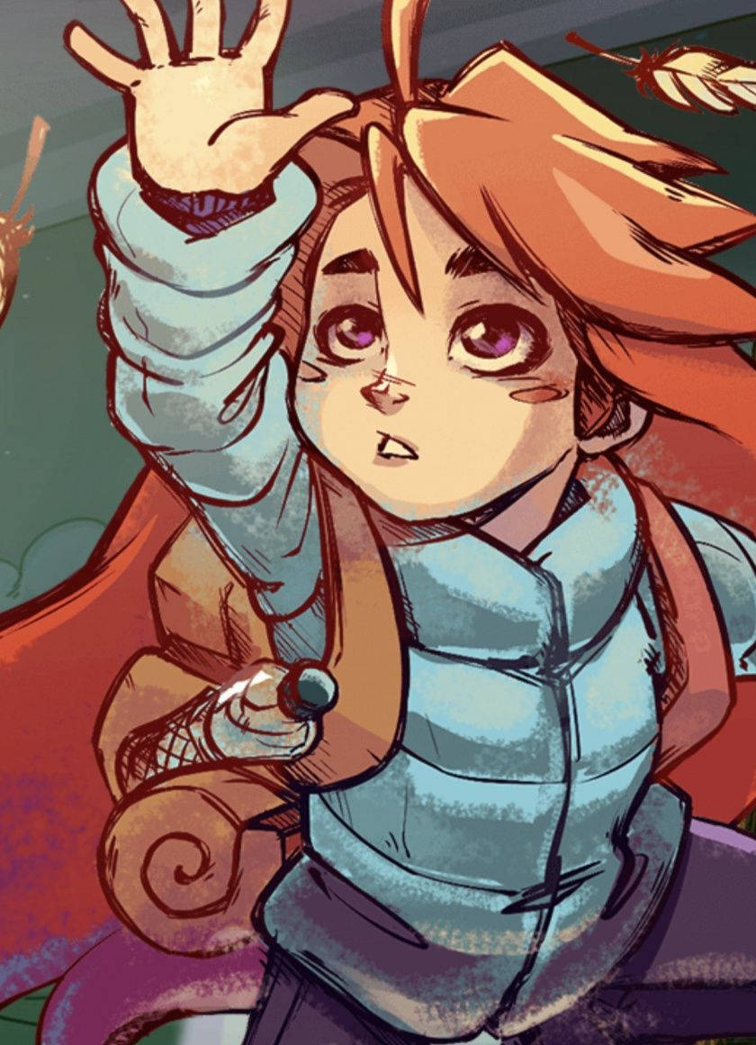 Celeste 中的 Madeline 壁紙 — 一個年輕的動漫角色，橙色頭髮和紫色眼睛，驚訝地舉起一隻手，同時拿著卷軸和劍。