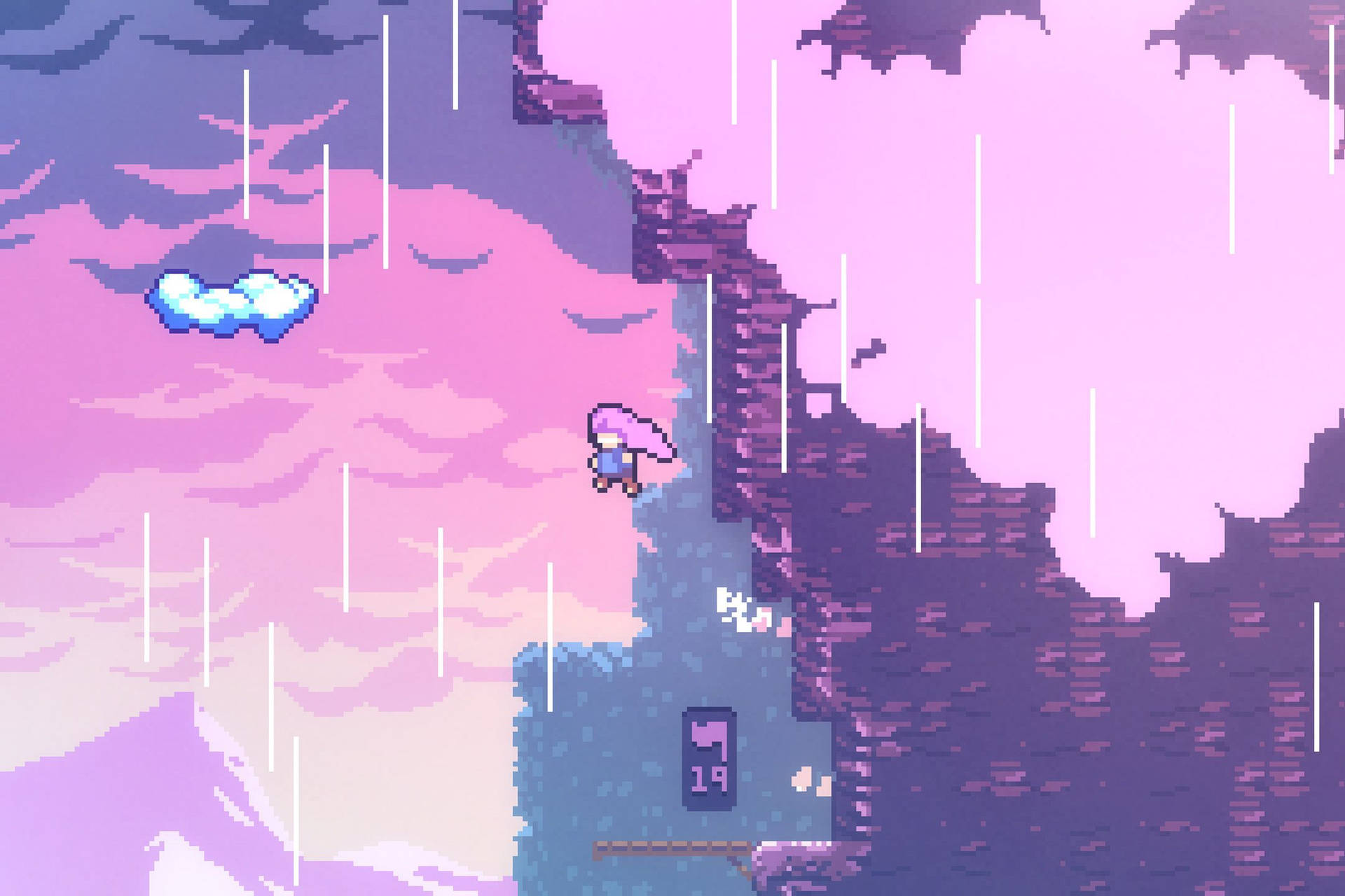 像素藝術遊戲場景，角色在粉紅紫色雨中攀爬懸崖
