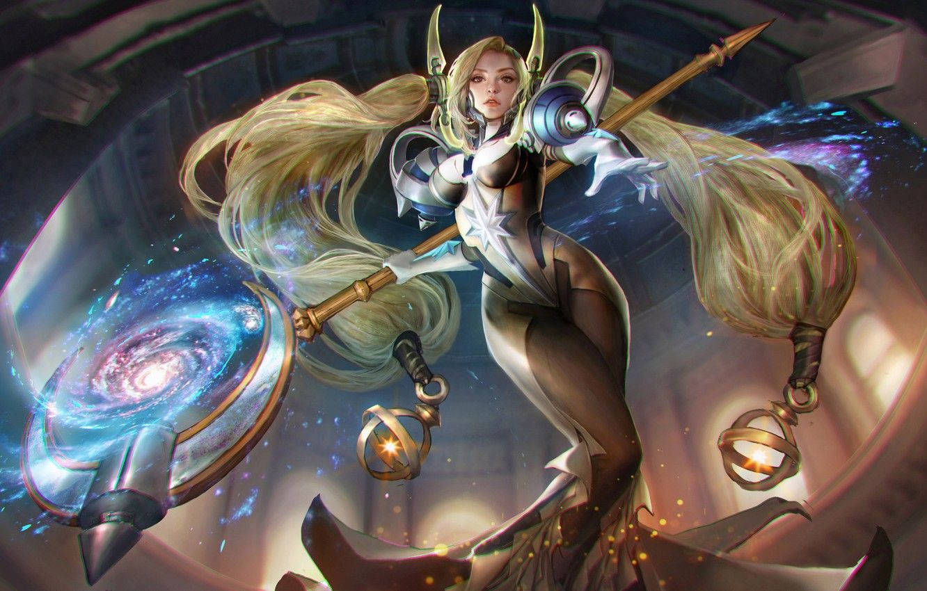 Celeste 星之女王 Tier 2 裝甲 壁紙 — 一位金髮、身穿盔甲的女戰神，在旋轉的星系和發光球體中揮舞著宇宙長矛和盾牌。