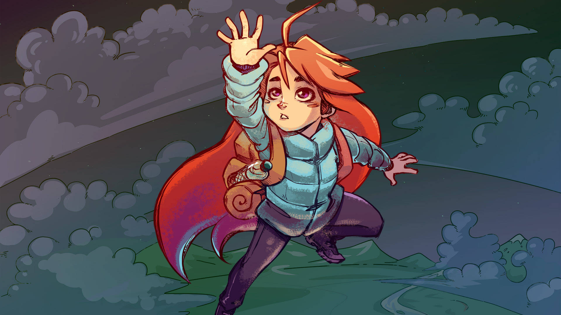 Celeste 遊戲主角 Madeline 壁紙 — 一個堅定的動漫角色，橙色頭髮和紅色斗篷，在霧氣瀰漫的風景上空穿過多雲的夜空跳躍。
