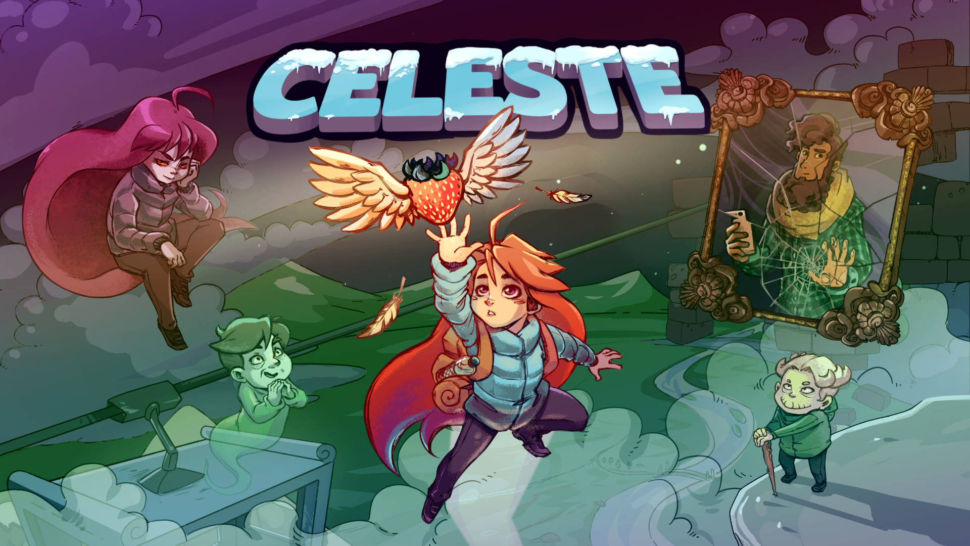 Celeste 遊戲海報藝術 壁紙 — 來自 Celeste 的充滿活力的數碼藝術場景，展示一位紅髮攀登者伸手去拿有翼草莓，周圍是古怪的角色和浮動平台。