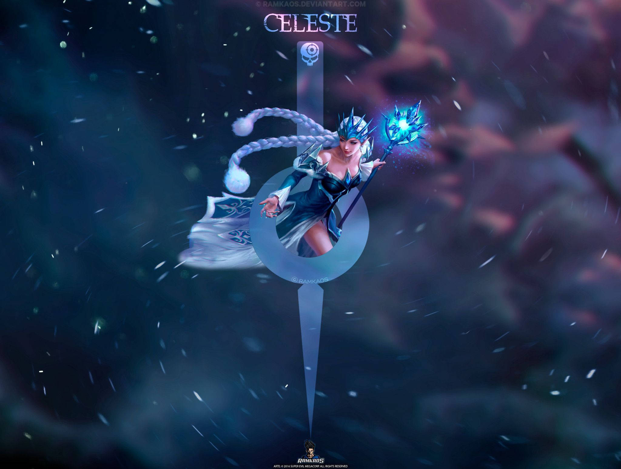 Celeste 雪之女王 (Vainglory) 壁紙 — 一位幻想動畫法師，編織頭髮，手持發光藍色法杖，漂浮在黑暗神秘虛空中的宇宙粒子之間。