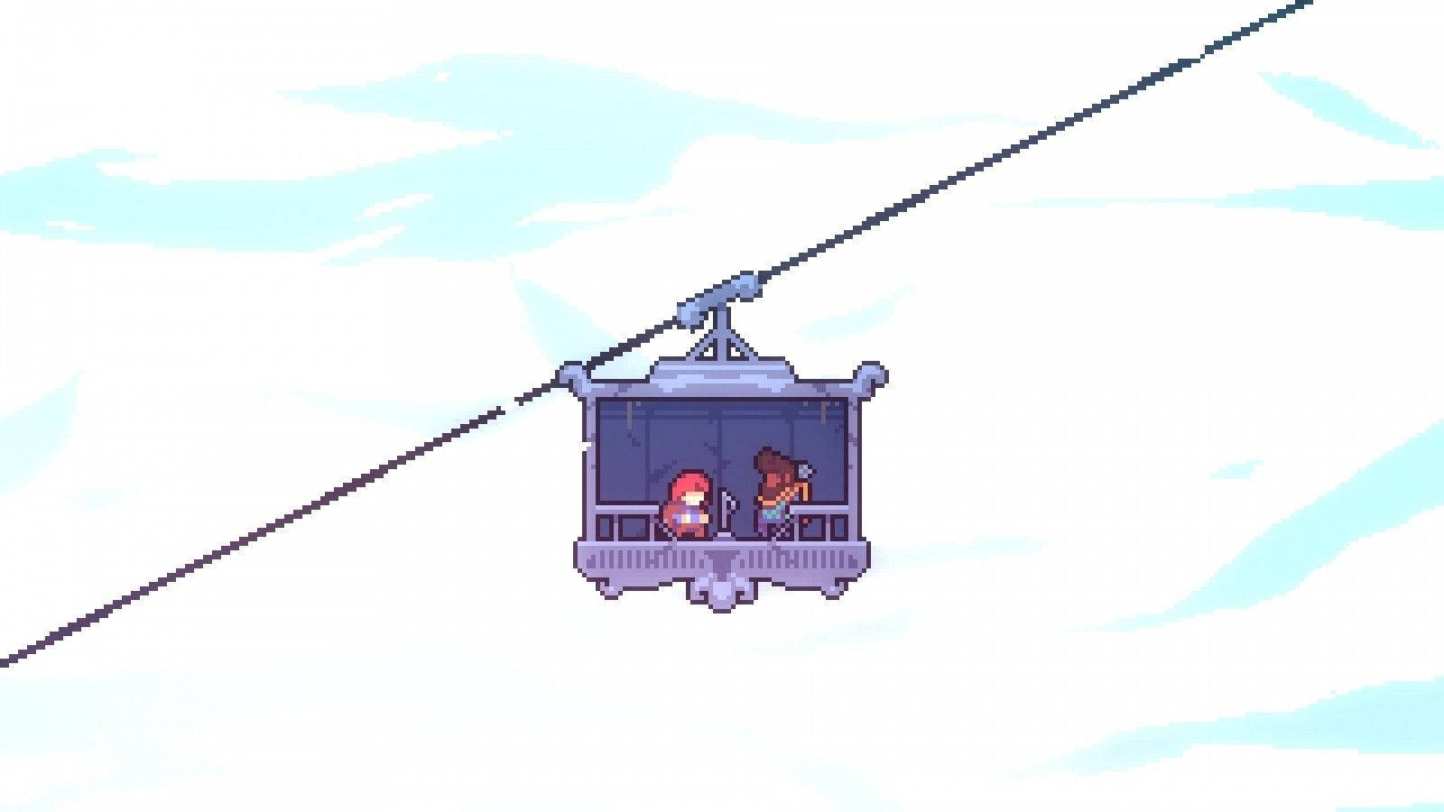 Celeste 電纜車情懷像素畫 壁紙 — 像素藝術纜車，兩個角色漂浮在雪雲之上，寧靜的冬日天空。