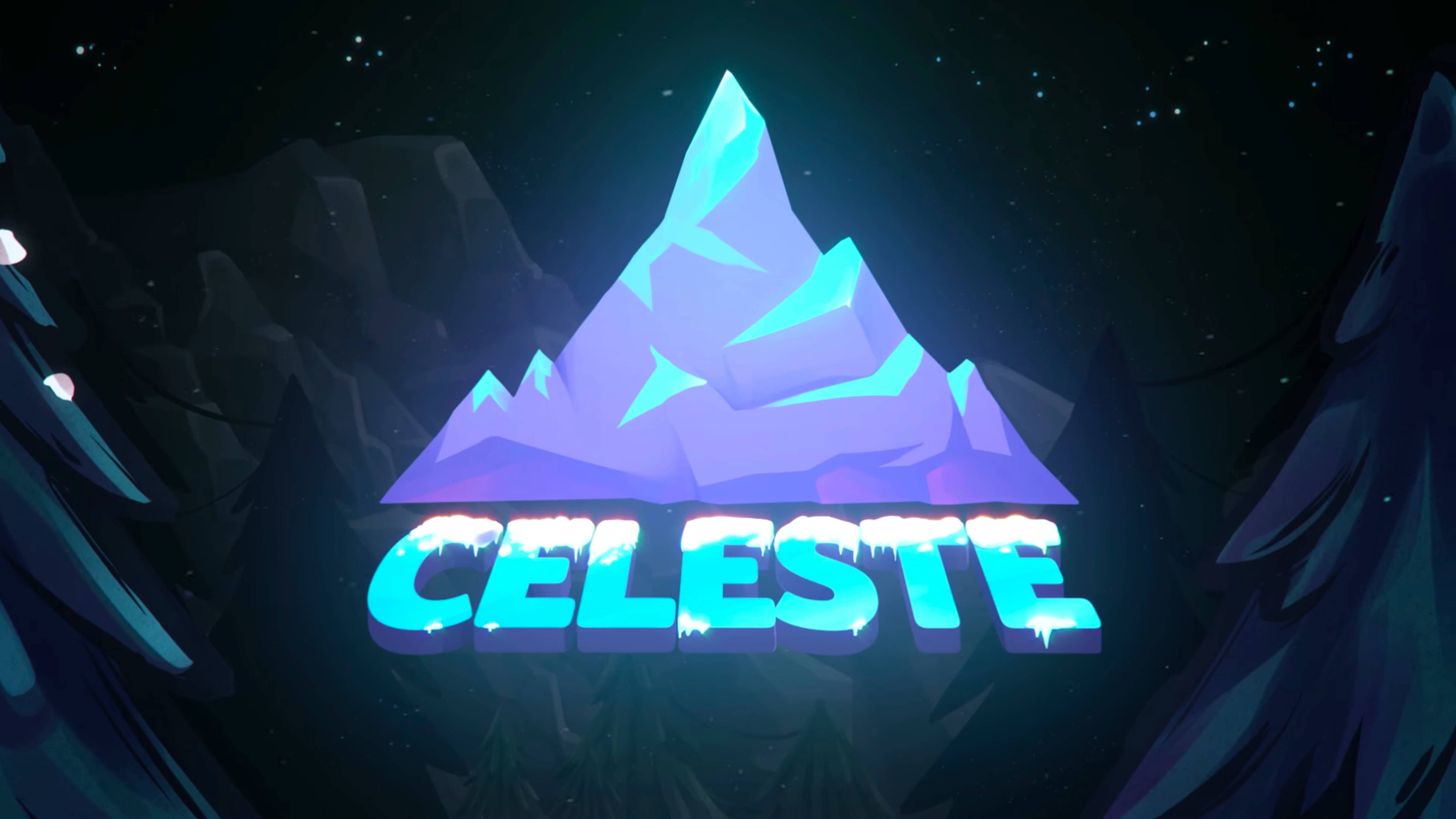 Celeste像素遊戲標誌 壁紙 — 一個發光的藍色山峰，上面有冰凍字體的 Celeste 字樣，背景是星空夜空。