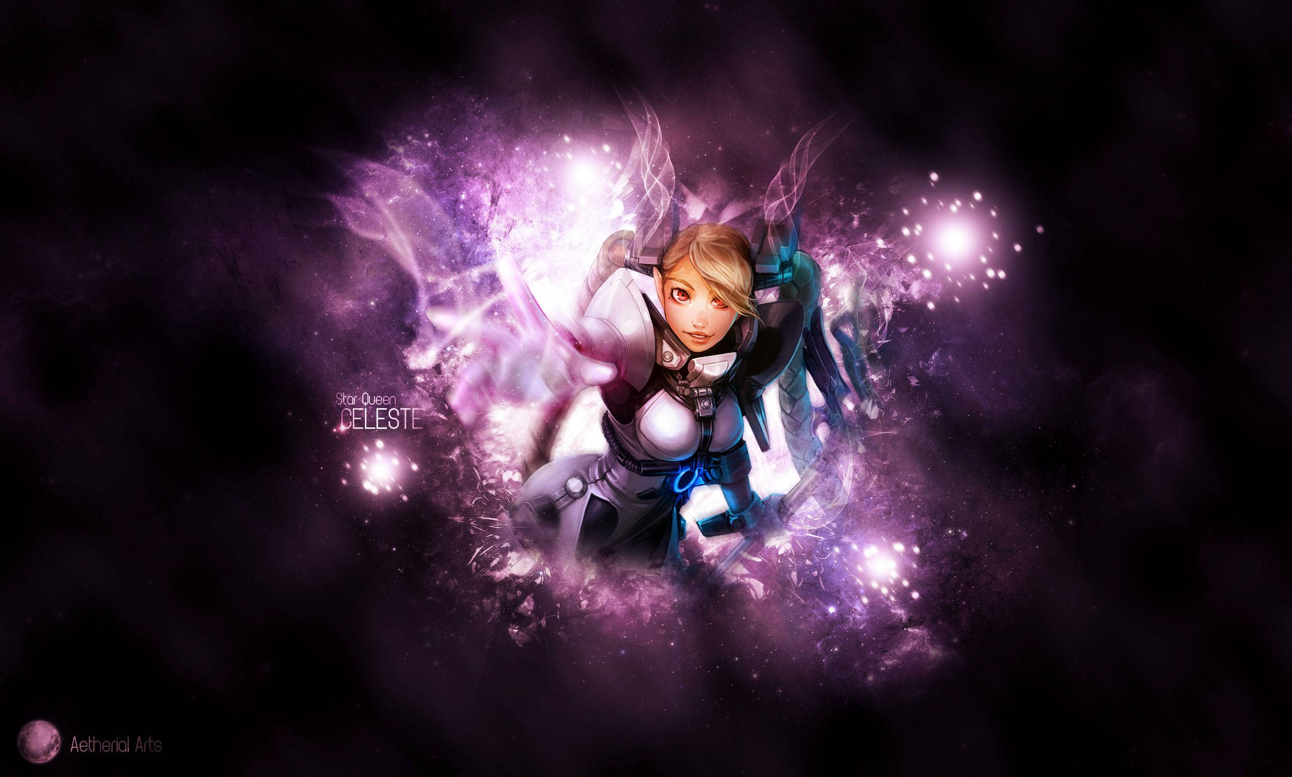 Celeste星女王皮膚（Vainglory Tier 1） 壁紙 — 一個金髮動漫女孩穿著未來裝甲，從黑暗虛空中旋轉的紫色宇宙能量爆發中出現。