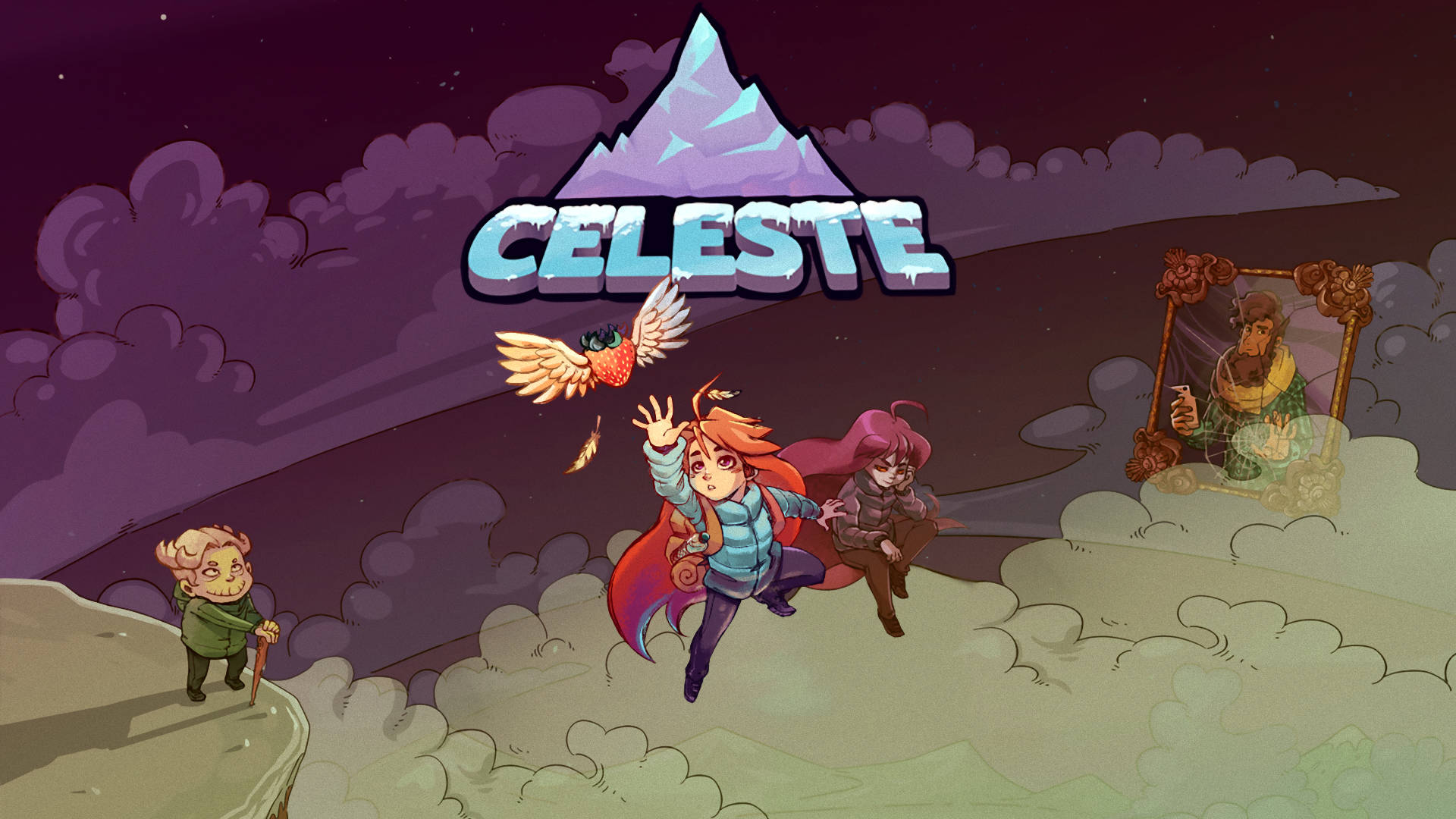 Celeste遊戲海報 壁紙 — 來自 Celeste 的充滿活力的動畫場景，描繪了一位堅定的攀登者、一隻鳥和一幅鑲框肖像，背景是紫色的山脈。
