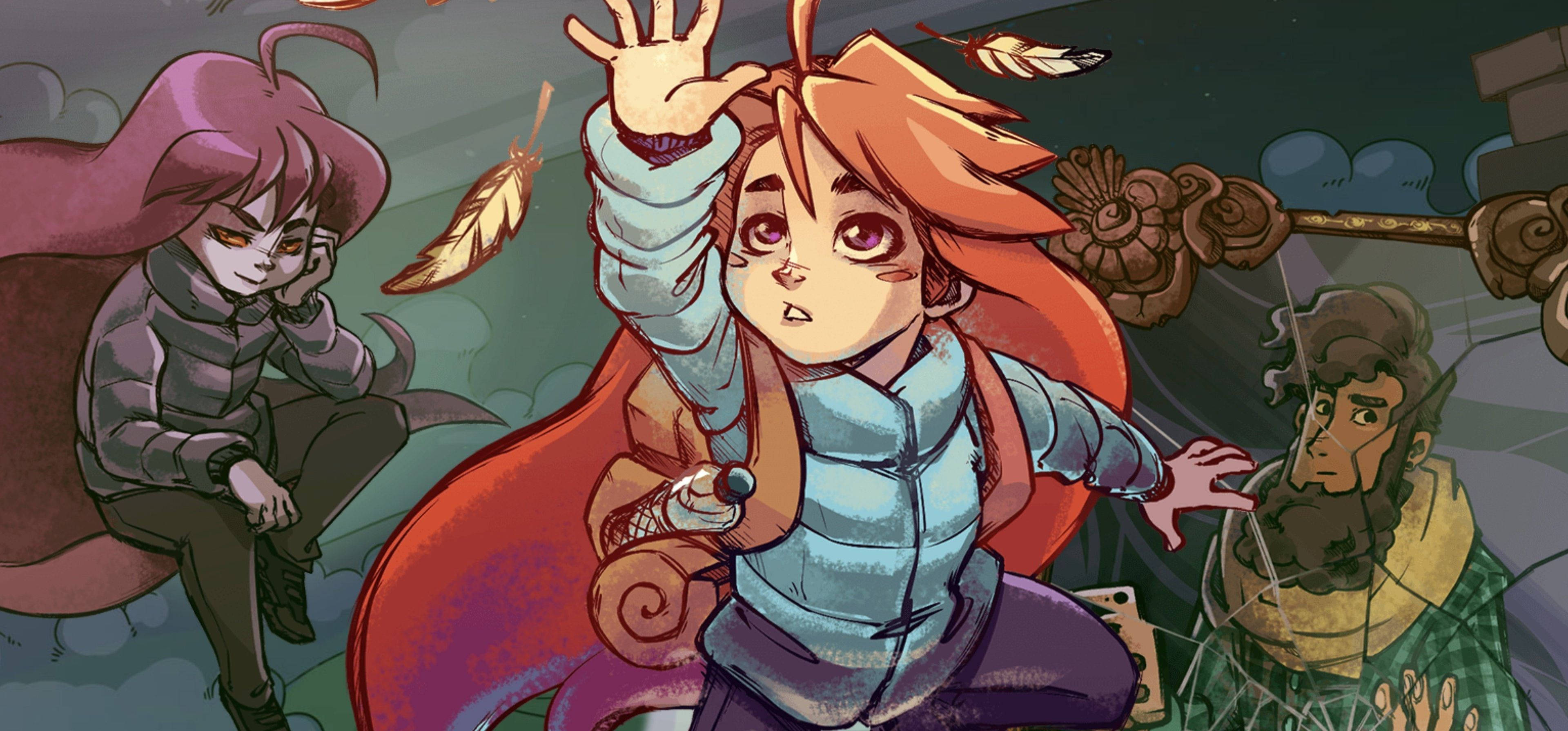 Celeste遊戲海報（瑪德琳版） 壁紙 — 一幅動態動漫風格插圖，描繪三個角色在神秘場景中，有漂浮的羽毛和華麗的建築。