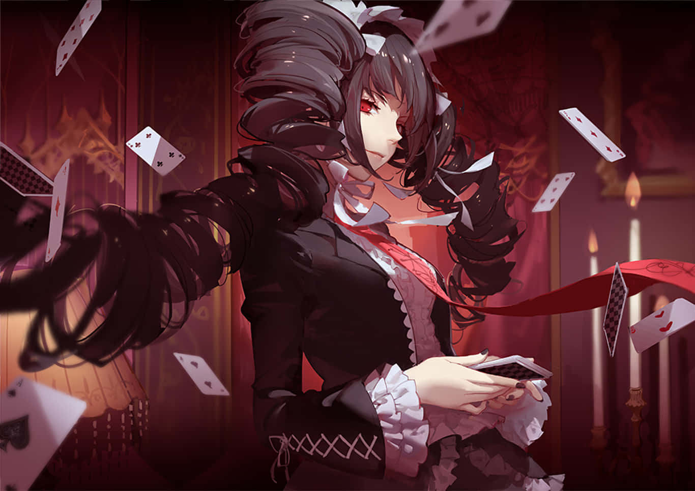 Celestia Ludenberg華麗立姿 Danganronpa頭像 壁紙 — 一位黑髮動漫少女穿著哥德式女僕裝，手持紙牌，在燭光房間中，撲克牌在她周圍旋轉。