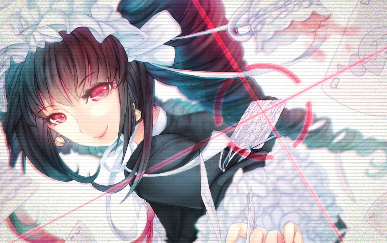 Celestia Ludenberg 微笑 - 令人著迷的《彈丸論破》PFP 壁紙 — 紅眼黑髮的女僕裝動漫女孩，被漂浮的撲克牌和紅色能量線環繞。