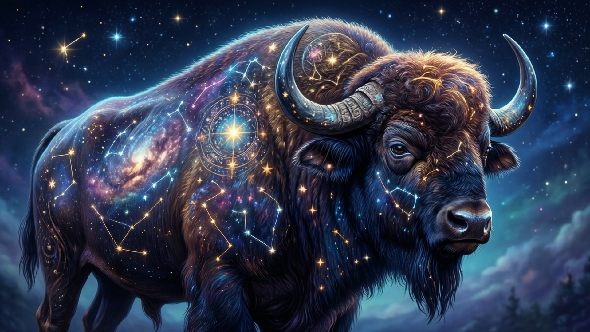 一頭被星星和銀河覆蓋的野牛，在星空下，遠處有樹木
