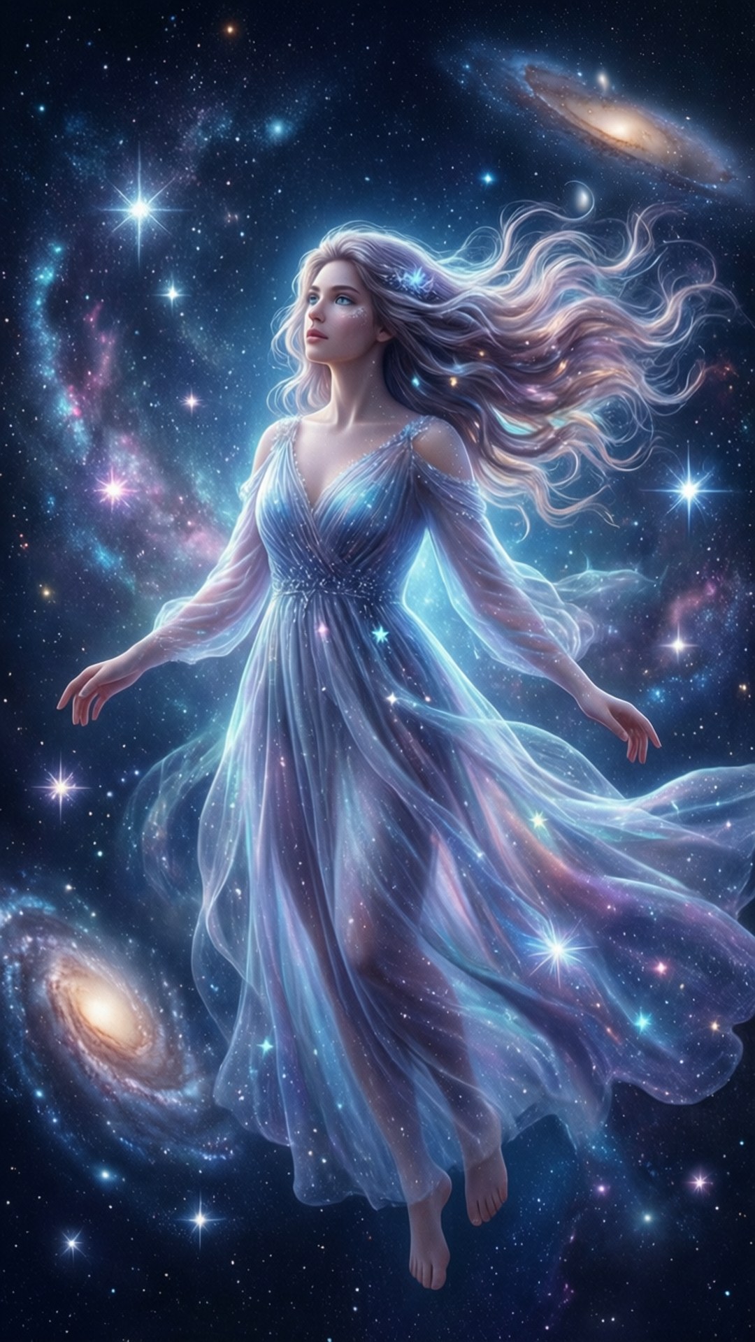 A woman in a starry gown floats among galaxies and stars in space. 壁紙