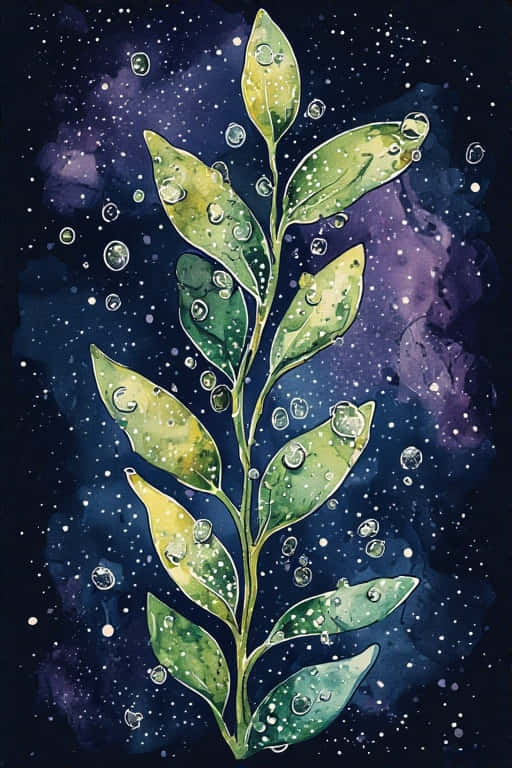 一條綠色葉莖帶有露珠，置於星空宇宙背景上，帶有藍色和紫色星雲。