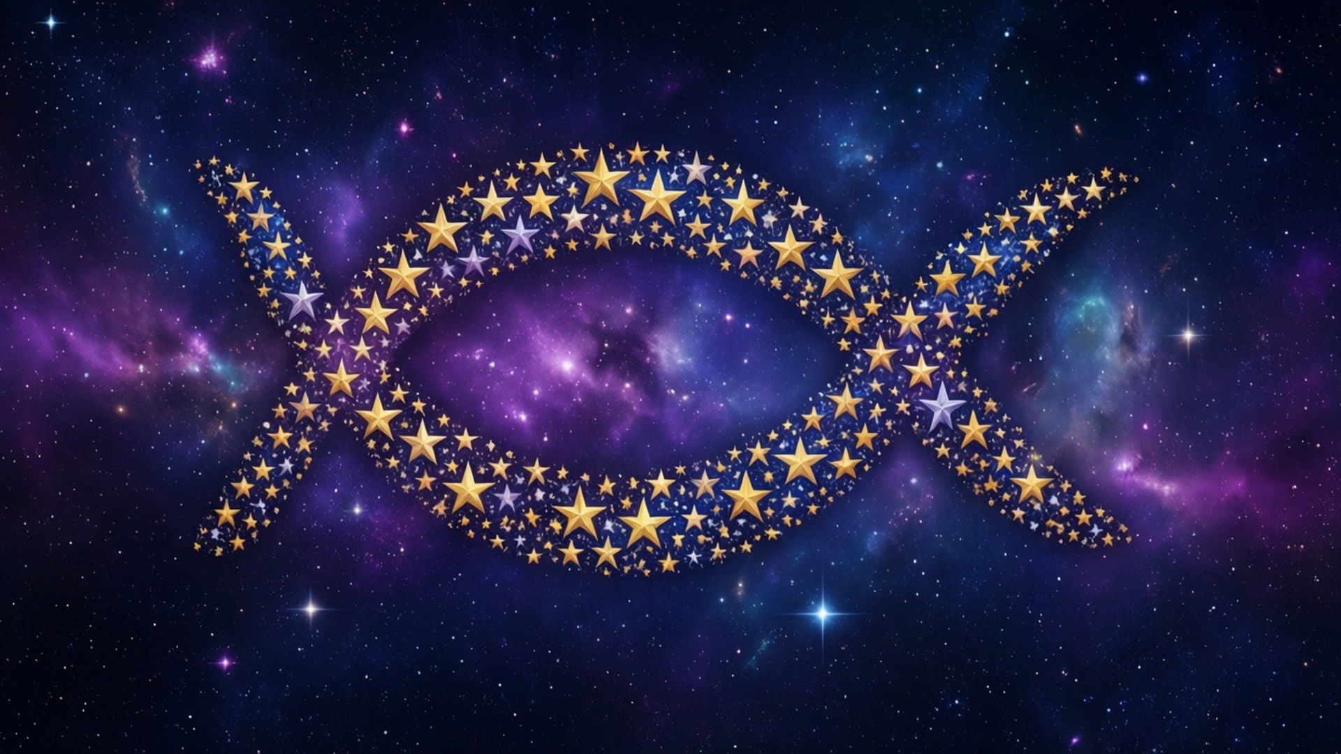 桌布 壁紙 — 由金色和銀色星星組成的天體魚形符號，漂浮在充滿發光宇宙塵埃的鮮豔紫色和藍色星雲中。
