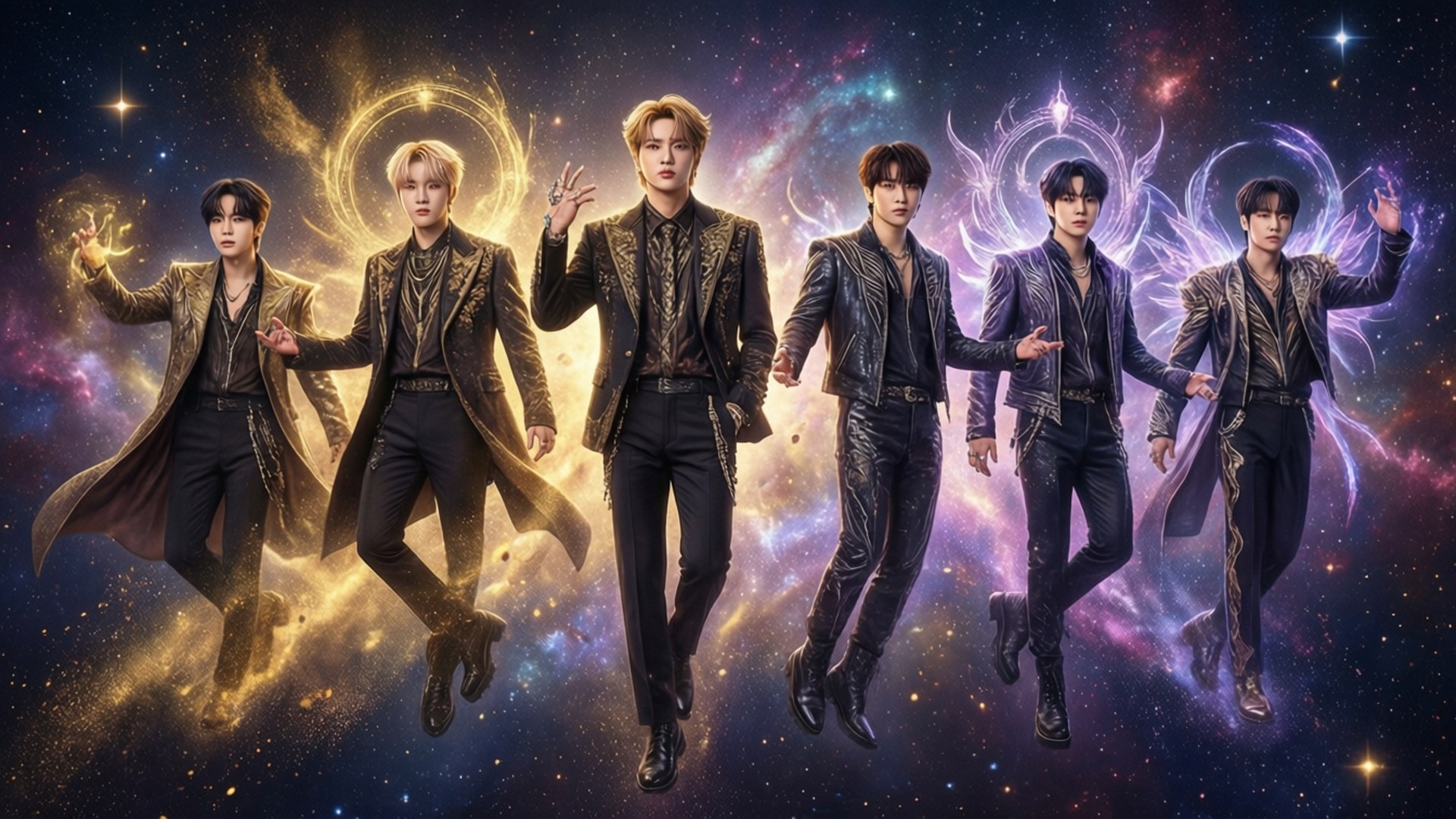 六個穿著時尚外套的男士在星空宇宙場景中漂浮，帶有發光能量效果。