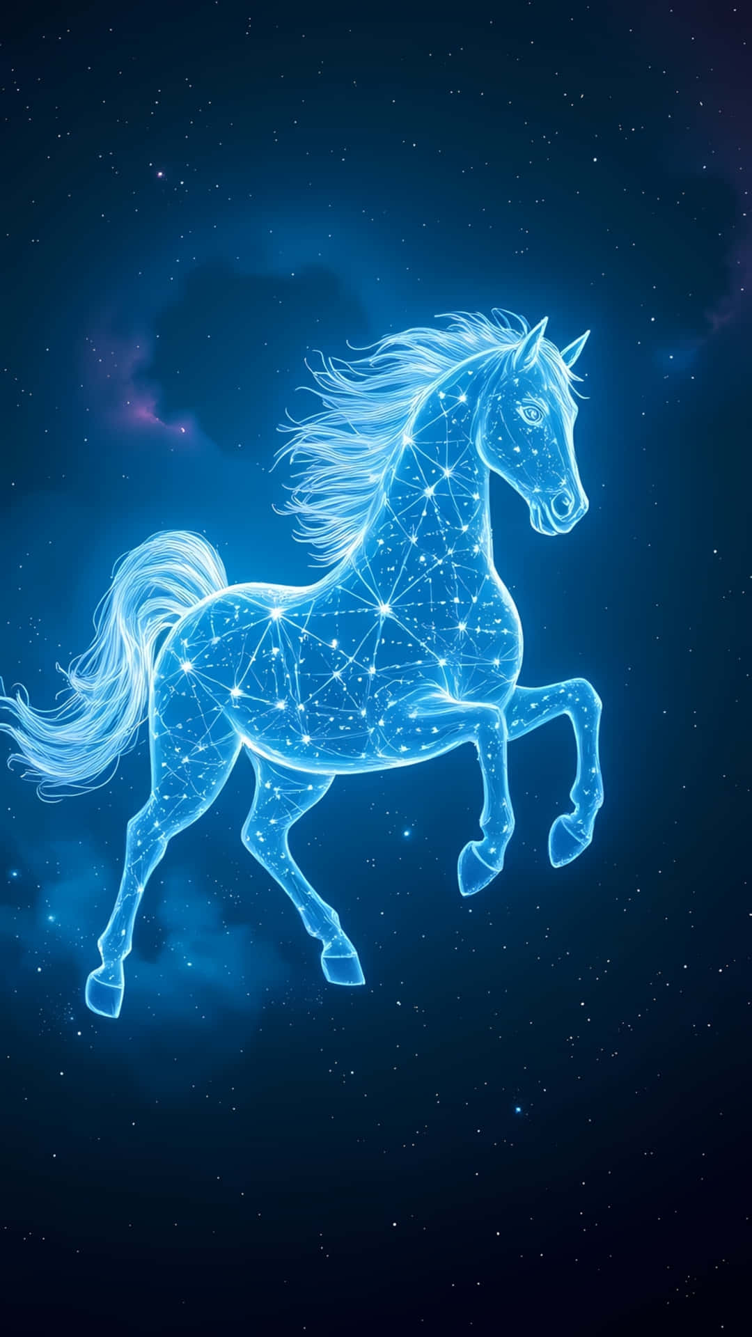一匹由星星和線條組成的發光藍色馬奔馳在星塵和星雲的宇宙天空中。