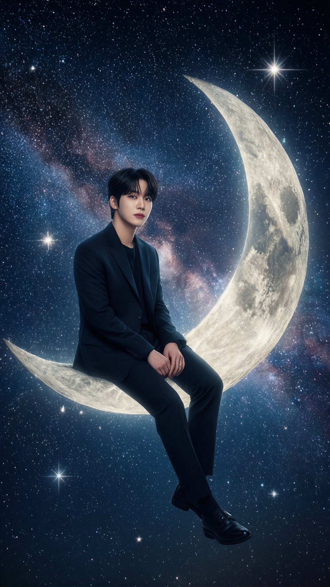 身穿黑色西裝的男子坐在星光宇宙中的新月上，有發光的星雲