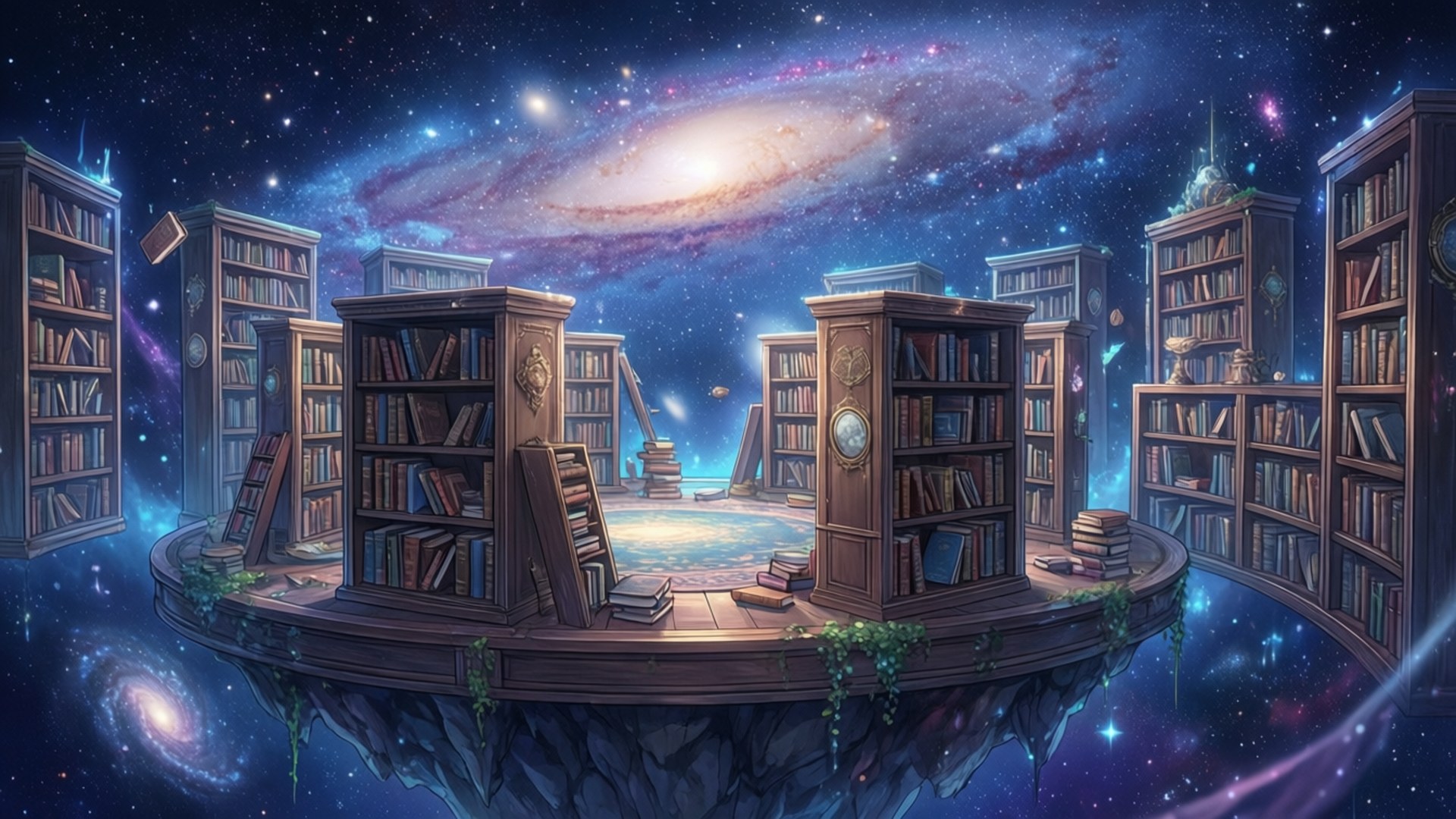 漂浮的圖書館，有書架和書籍，在繁星點點的星系天空下。