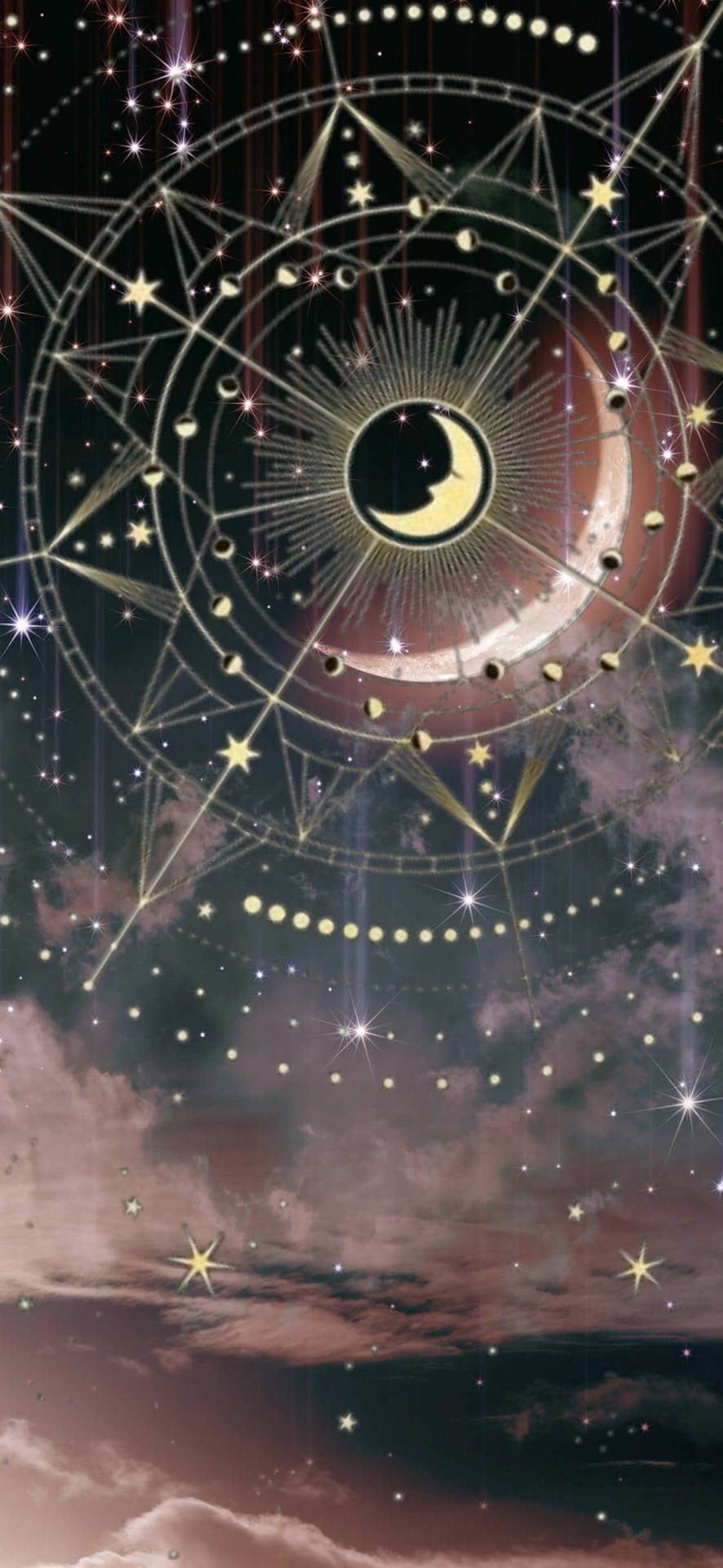 帶有新月和星星的天體曼陀羅，以暮色天空為背景。