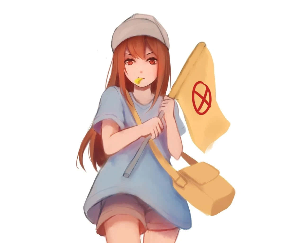 探索《Cells At Work》的精彩世界！ 壁紙 — 動畫女孩，橙色頭髮，戴帽，在柔和光線下嚼口香糖，手持黃色旗幟，上有紅色圓形十字。
