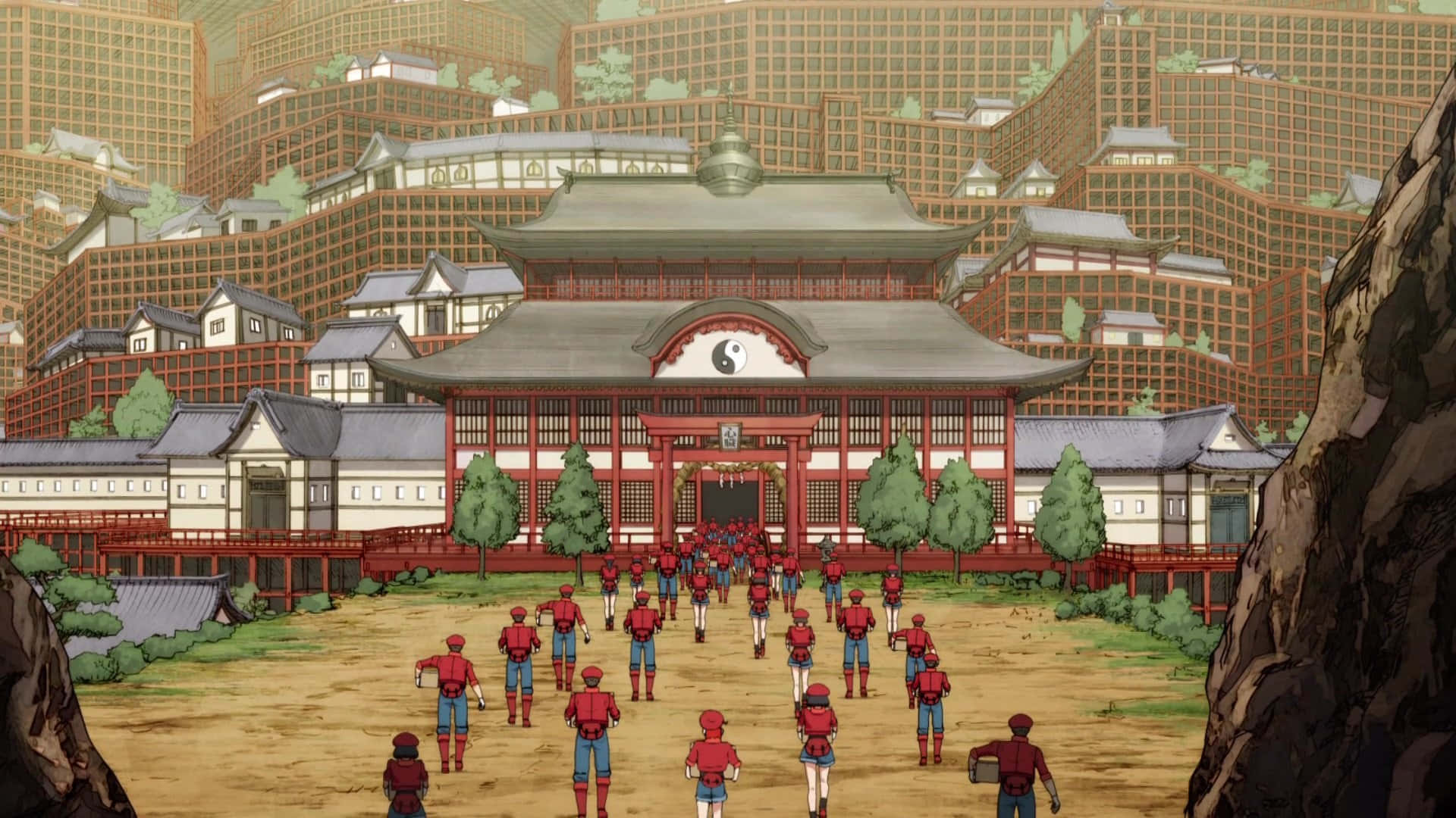 齊心協力——Cells at Work！ 壁紙 — 動畫角色穿著紅色制服，向著一座帶有陰陽符號的宏偉傳統日本寺廟行進，背景是層疊的木造建築。