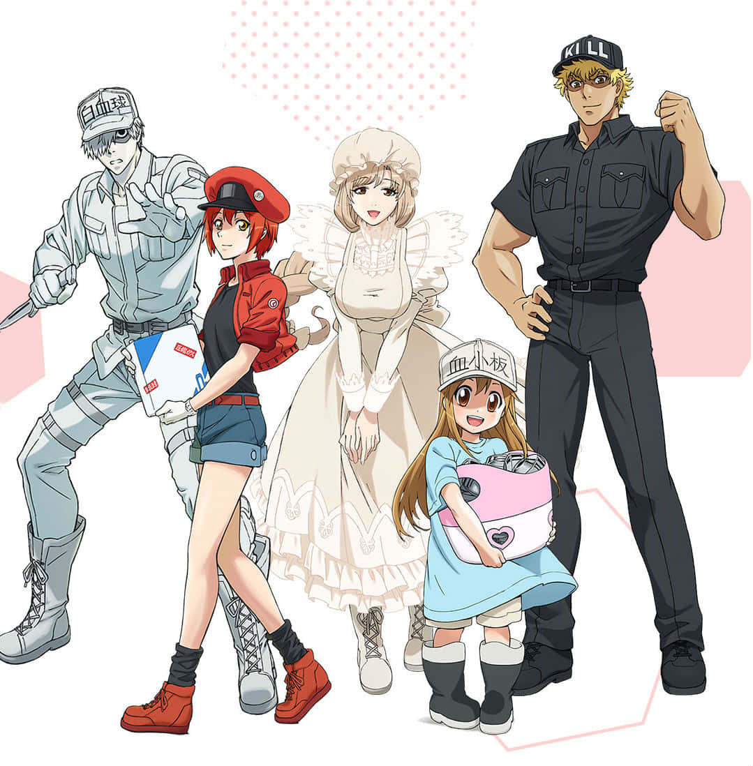《Cells At Work》細胞們齊心協力保護身體 壁紙 — 五個動漫角色穿著多種服裝，在帶有幾何形狀的粉紅色圓點背景上自信地擺姿勢。