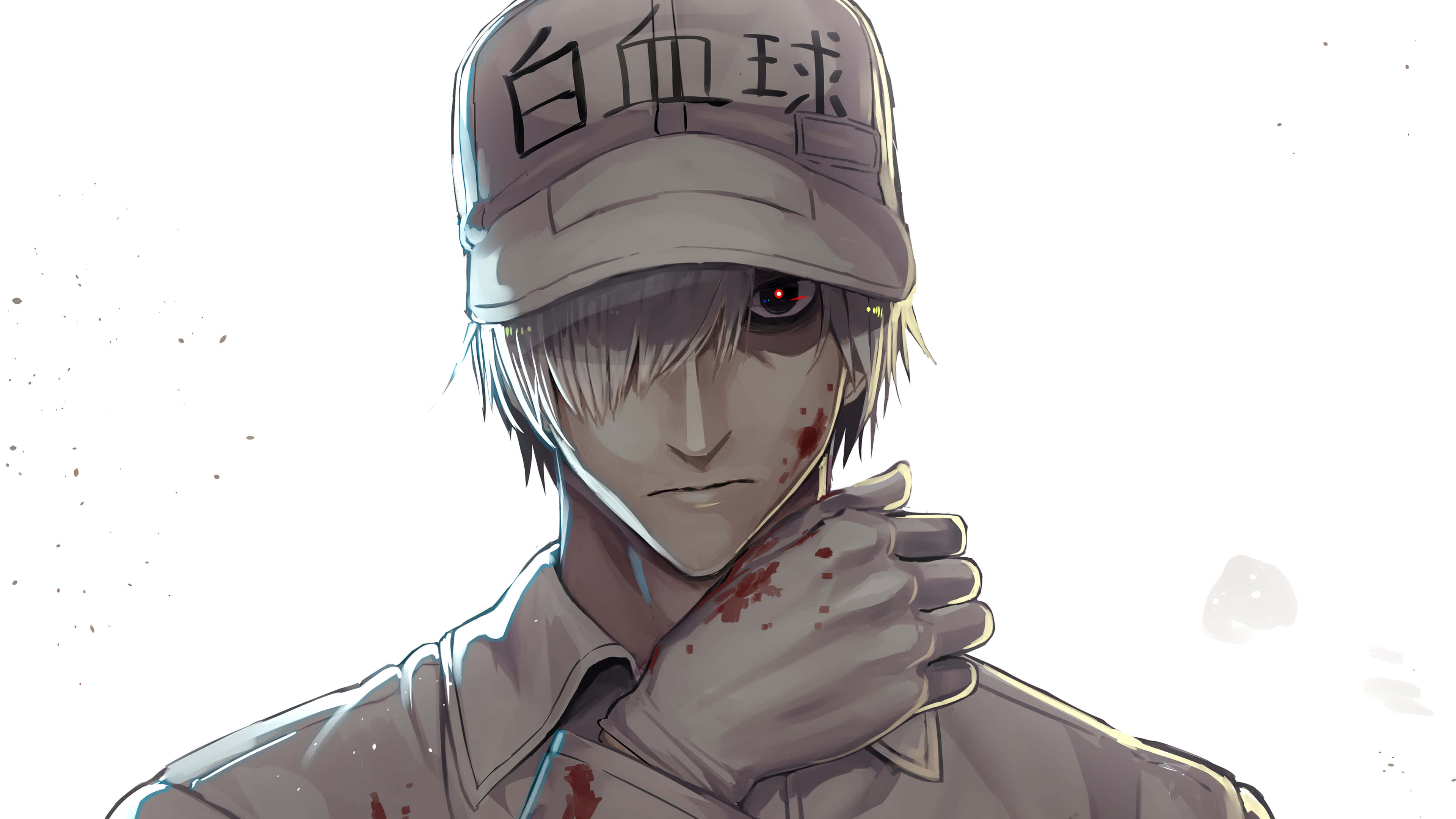 探索身體內部的奇妙世界，與《Cells At Work!》一同揭開奧秘！ 壁紙 — 一個戴著帽子的蒼白動漫男孩，臉上和手上沾有血跡，一隻發光的紅色眼睛在純白背景下強烈凝視。