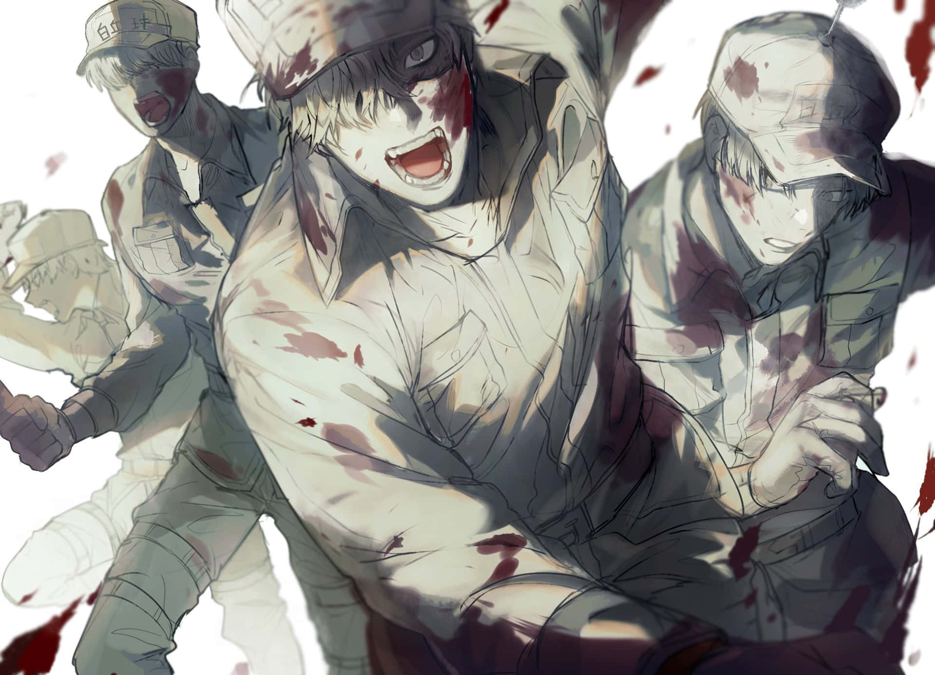 透過《Cells At Work!》了解身體內部的奧秘！ 壁紙 — 三名血跡斑斑的動漫士兵身穿制服，在純白背景下帶著兇猛表情向前衝鋒。