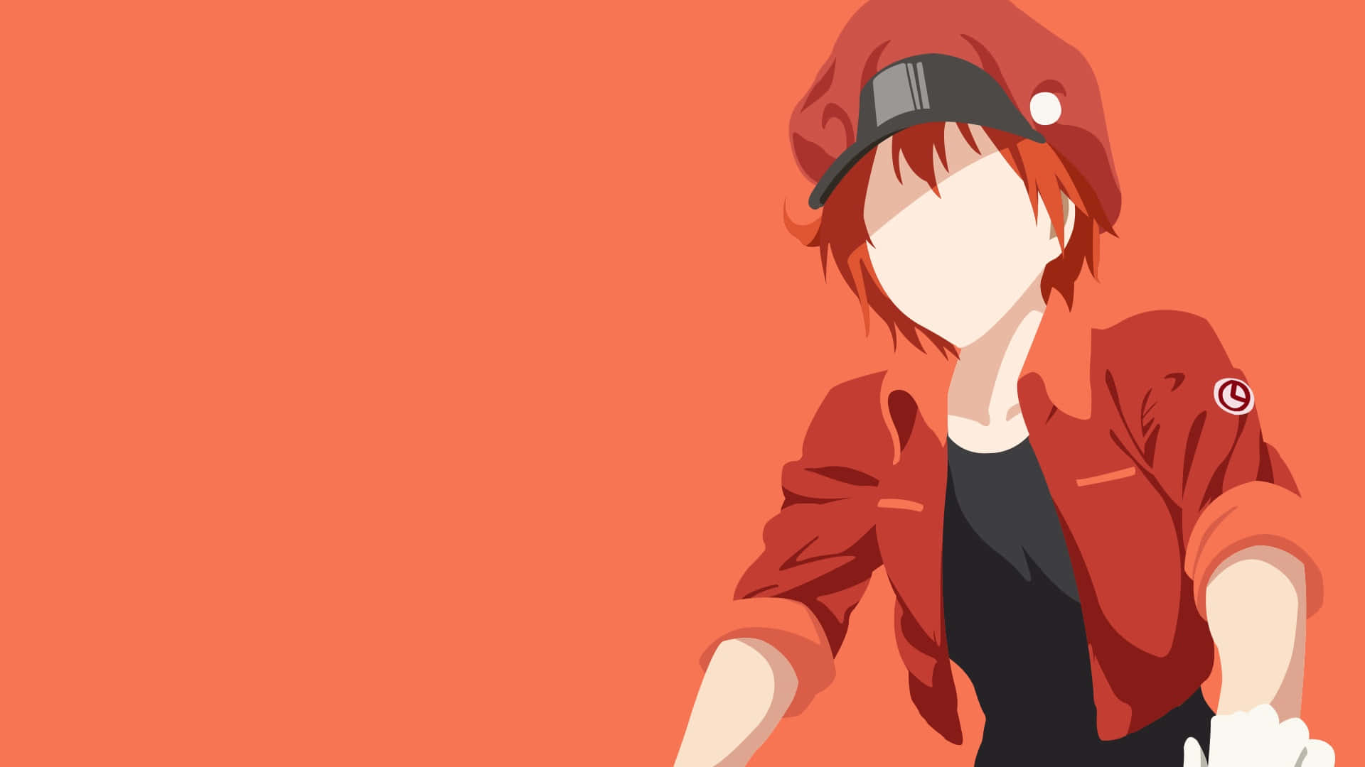《Cells At Work!》中的紅血球正急馳前進，運送珍貴貨物 壁紙 — 一個風格化的動漫角色，紅髮戴帽，站在純橙色背景前，呈現極簡數位藝術風格。