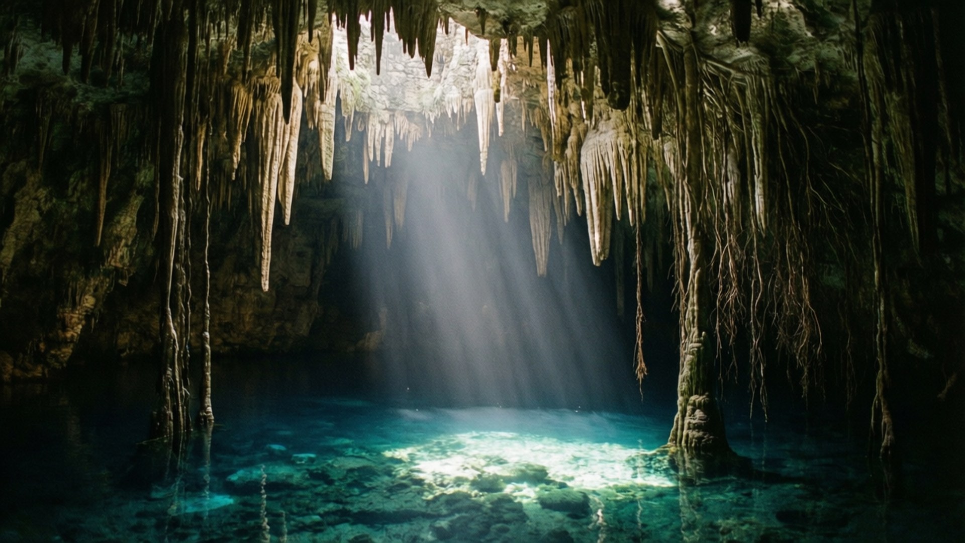 Cenote Light Beam 壁紙 — 陽光穿過洞穴頂部，照亮下方被懸掛岩石環繞的碧綠海水。