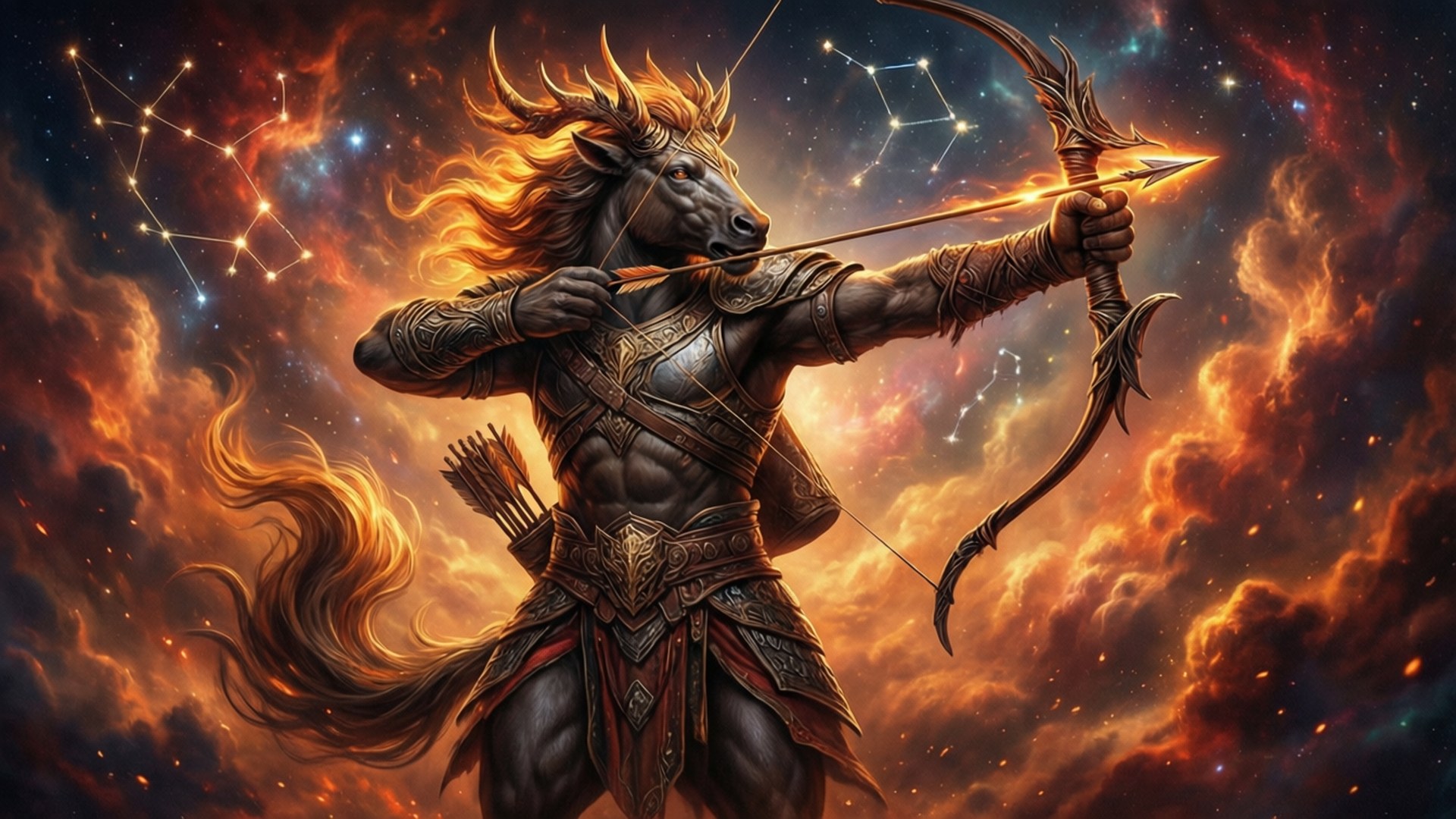 身穿盔甲的半人馬弓箭手，瞄準帶有星星的熾熱宇宙天空