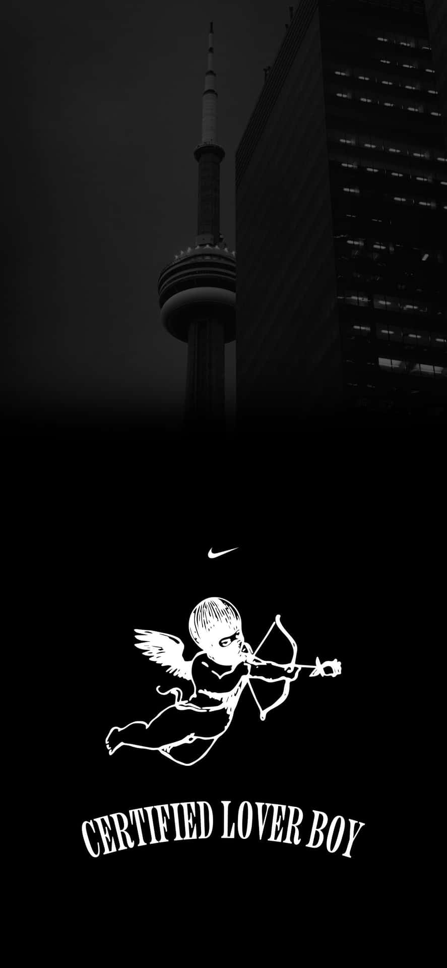黑白城市景觀，包含CN塔和Nike Certified Lover Boy Cupid標誌。