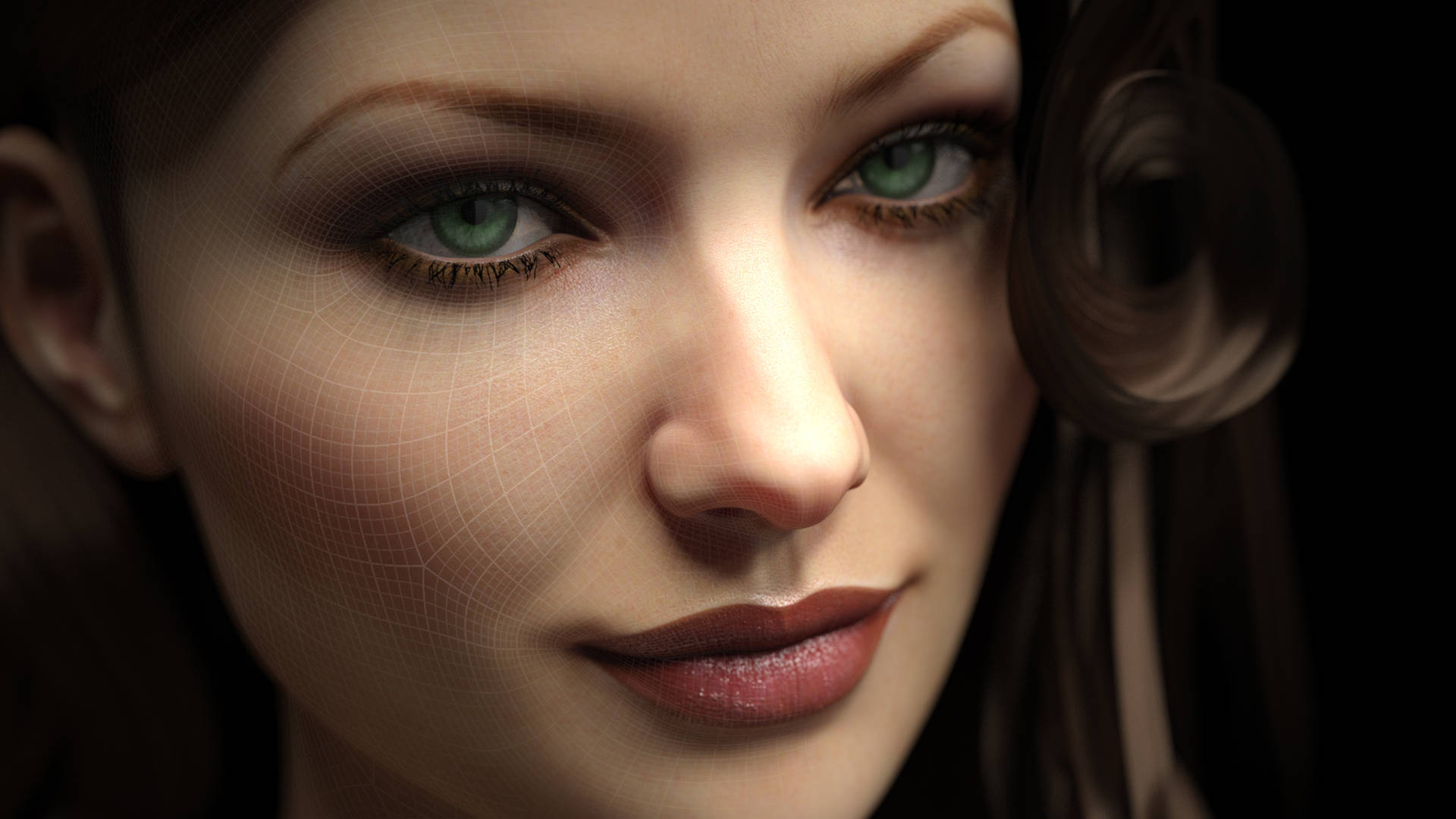 女性特寫肖像，綠色眼睛，臉上帶有線框覆蓋。