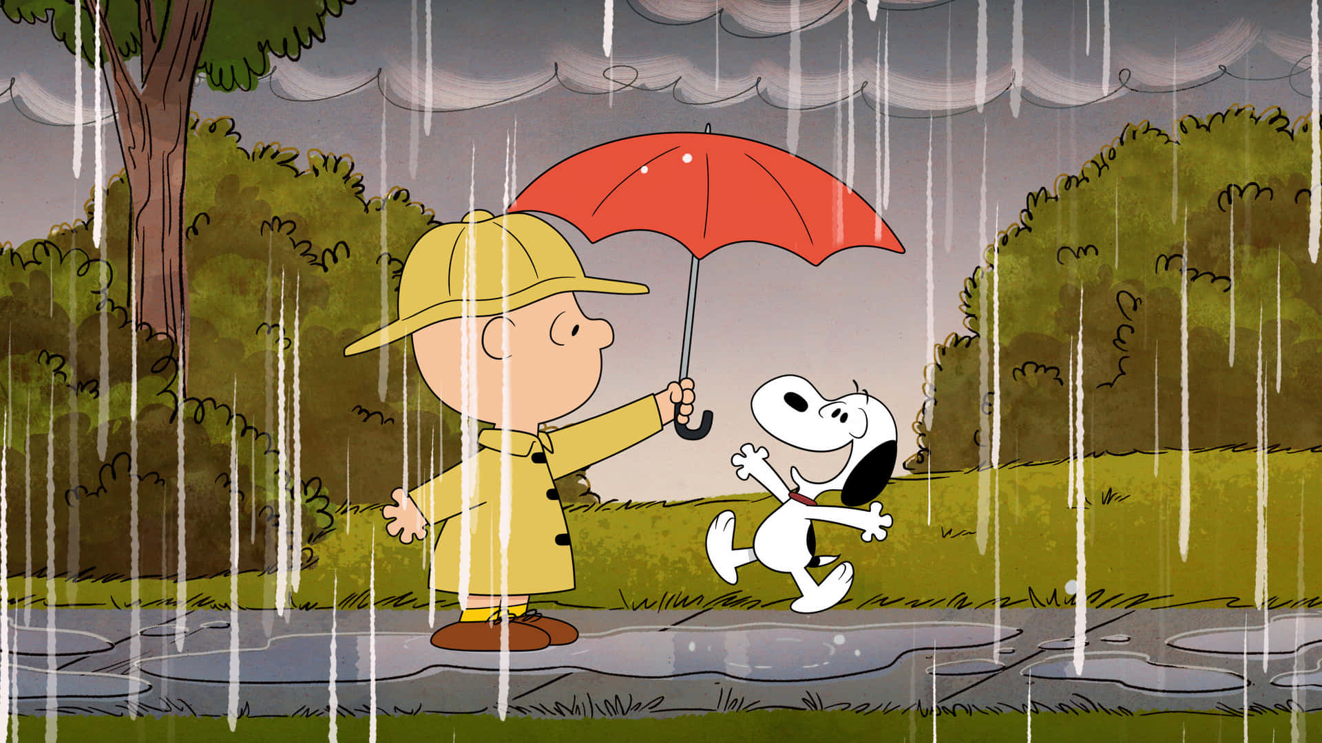 查理布朗在雨中散步時與史努比共用一把紅色雨傘。