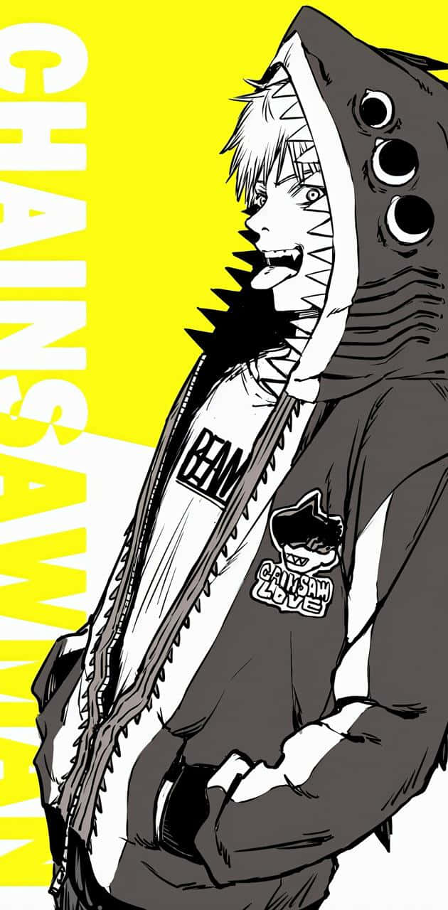 鯊魚連帽衫 Chainsaw Man 頭像 壁紙 — 一個風格化的動漫角色，穿著鯊魚主題連帽衫，有鋒利的牙齒和眼睛，背景是鮮豔的黃色。
