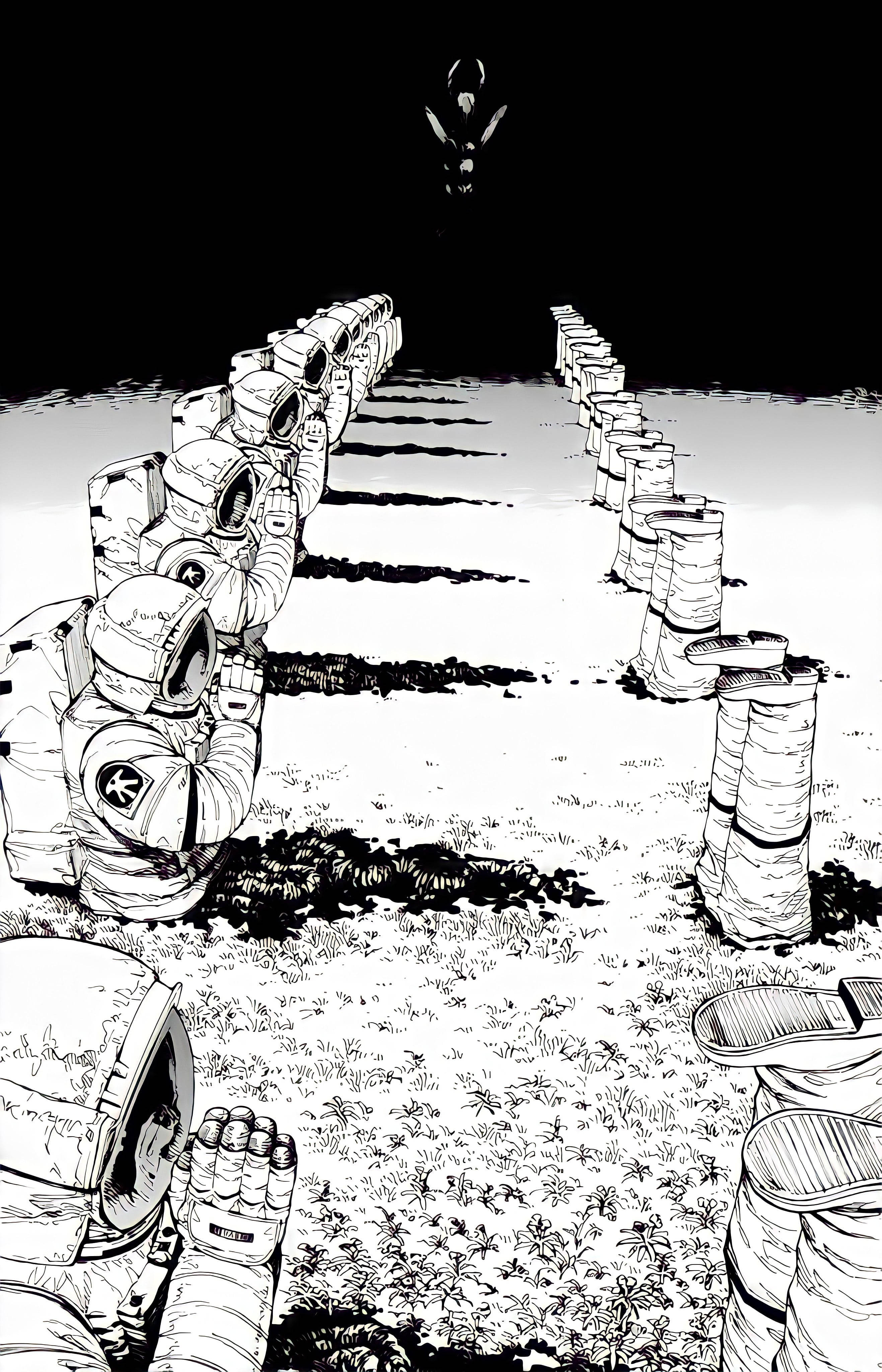《Chainsaw Man》祈禱宇航員黑白動漫 iPhone 壁紙 — 一幅黑白線條插圖顯示太空人跪在草地上，形成一條通往黑暗天空中遠處人物的路徑。
