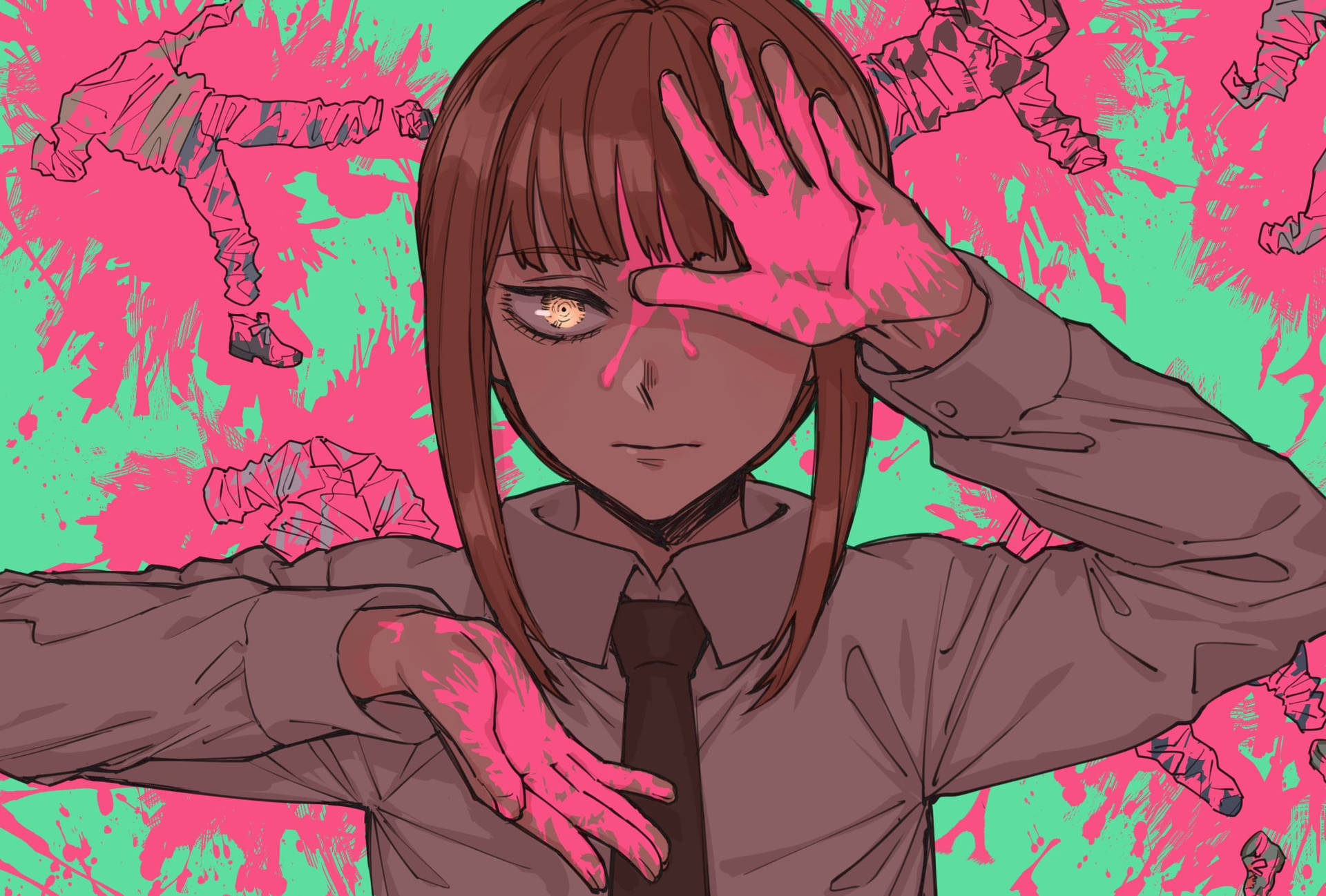 Chainsaw Man 驚悚的馬基瑪 壁紙 — 穿著校服的動漫女孩用粉紅色的手遮住眼睛，背景是充滿活力的粉紅色和藍綠色潑濺。