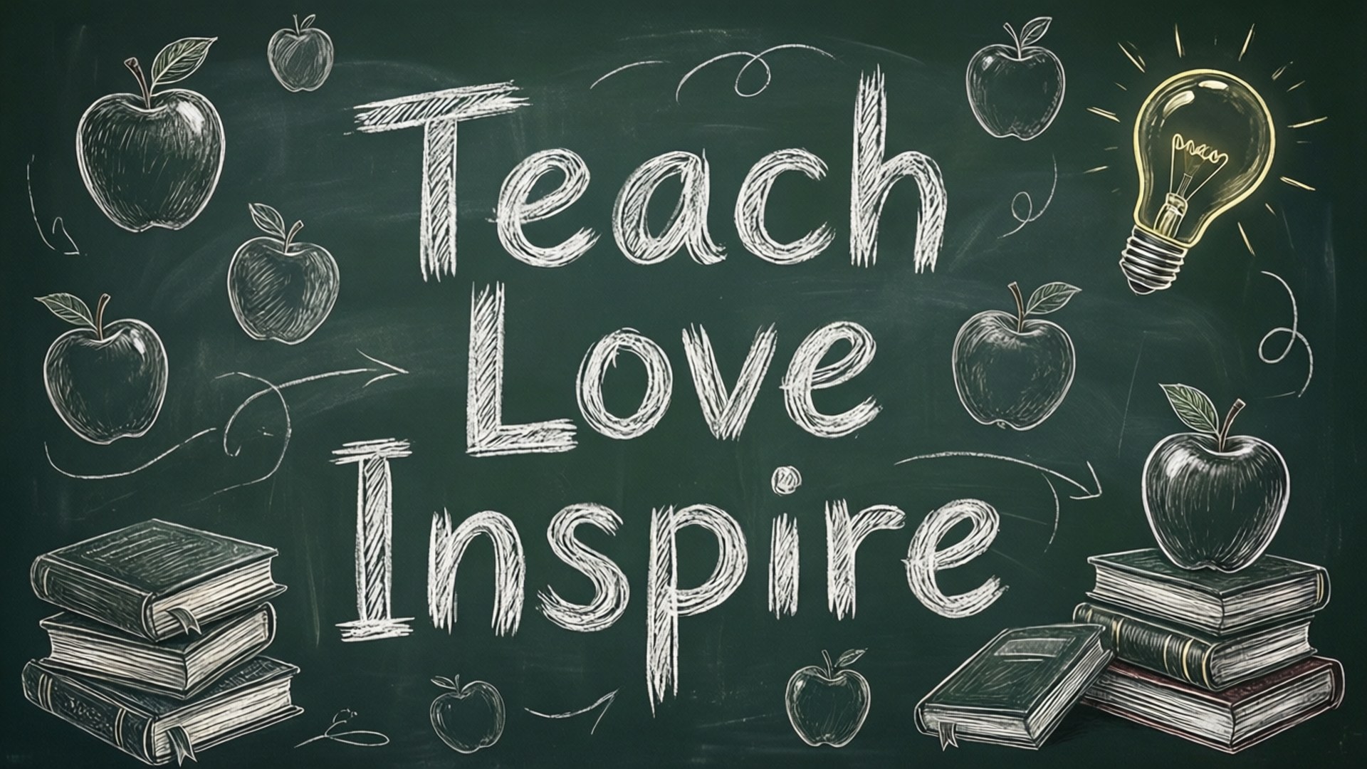 黑板上有文字 teach love inspire 以及蘋果、書本和燈泡的圖畫