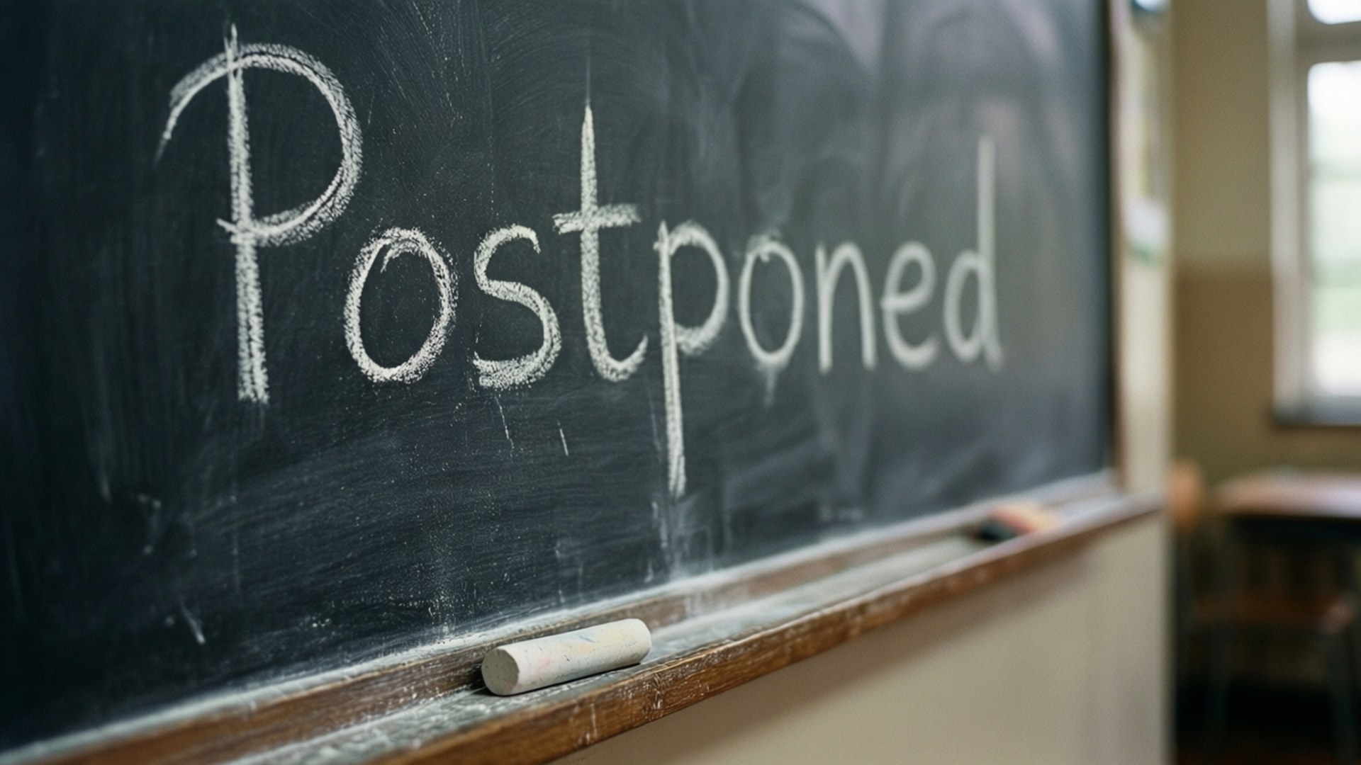 黑板上面用粉筆寫咗「postponed」，邊度放咗一支粉筆。